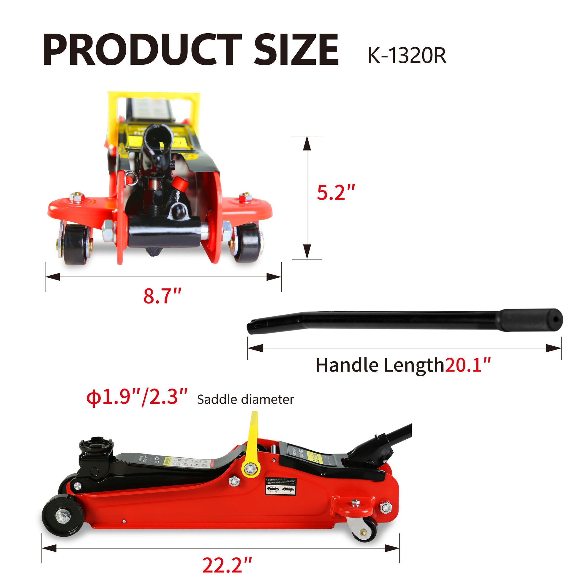 Red and black low profile floor jack with yellow accents  inch handle