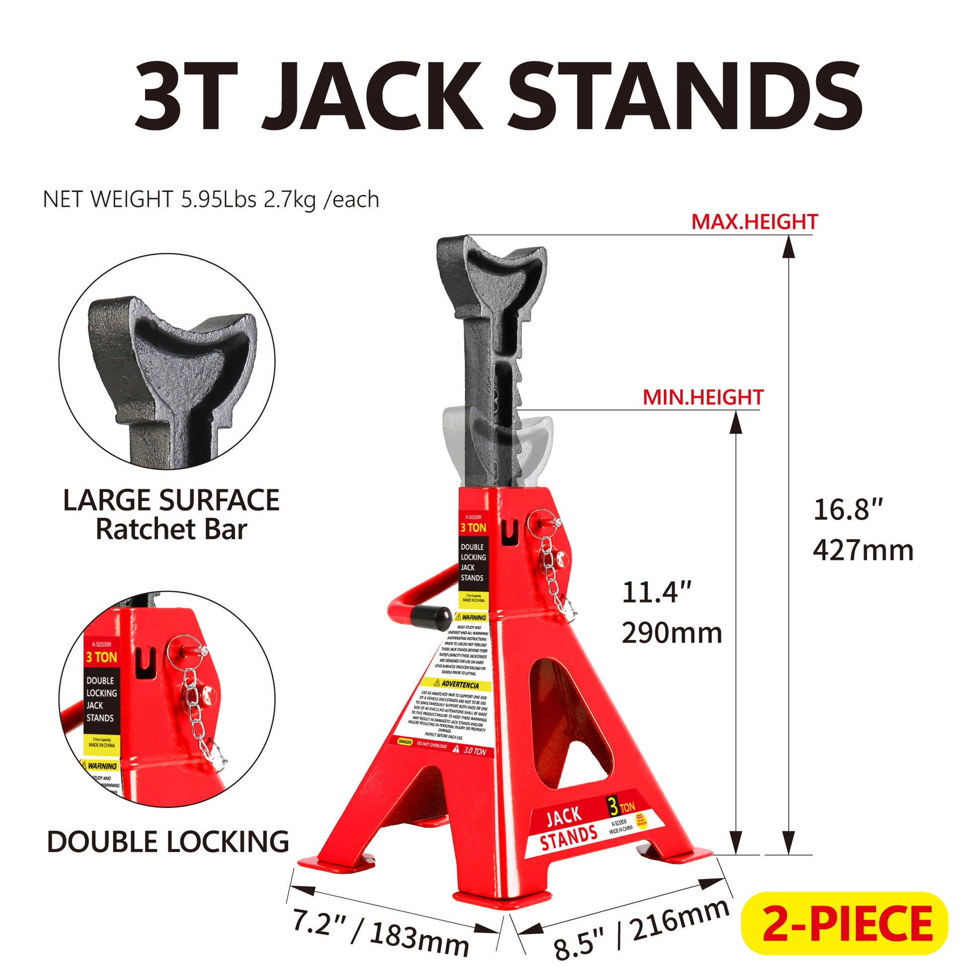 Red ton jack stands with double locking mechanism for safe vehicle support