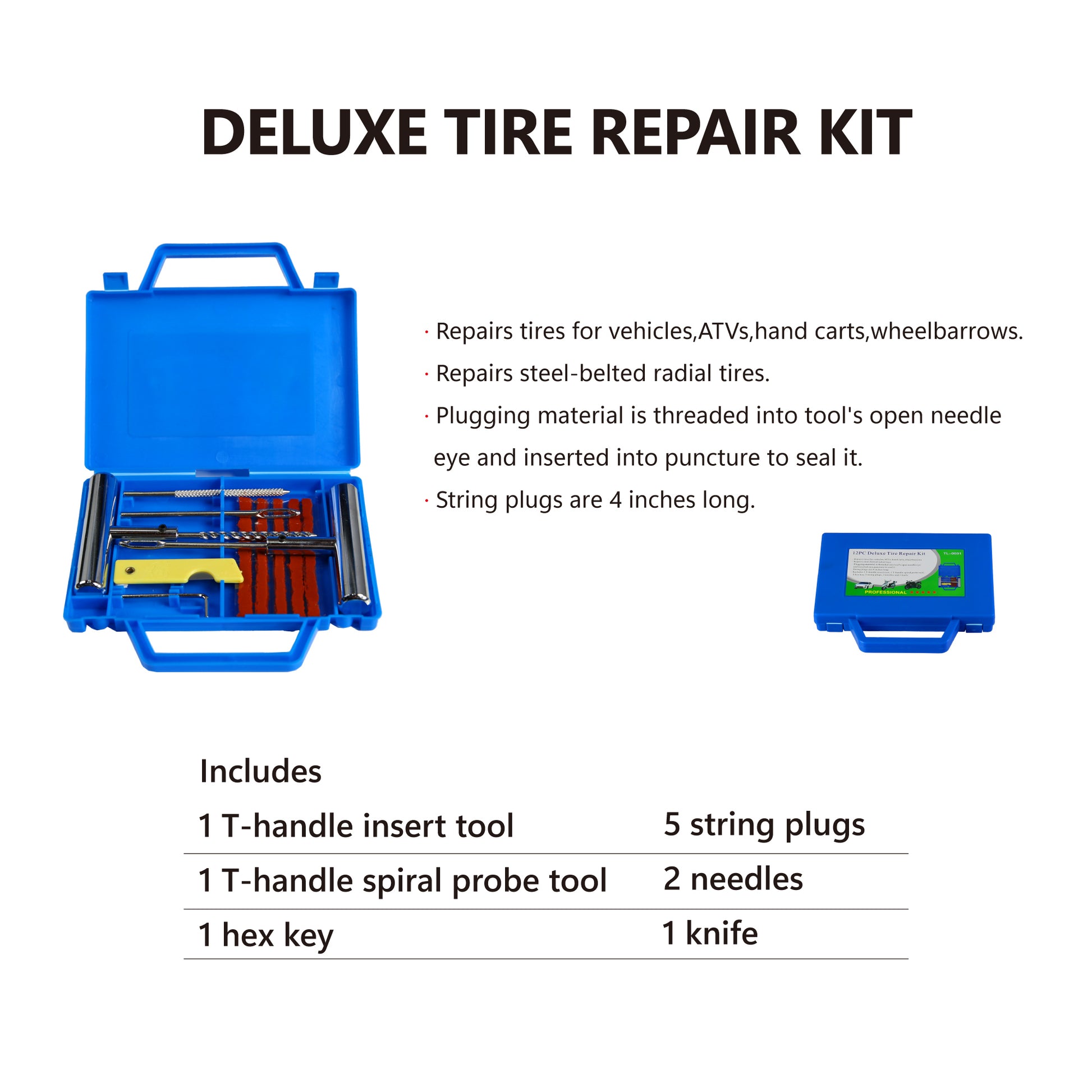 Open blue toolbox containing a deluxe tire repair kit with various tools and red repair plugs
