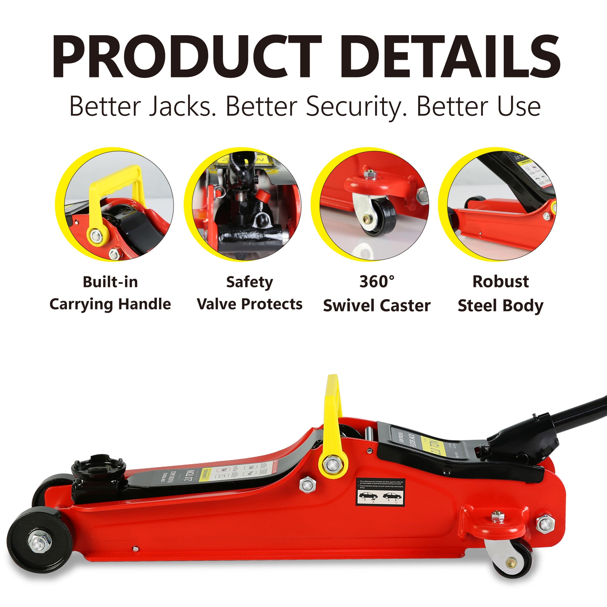 Red ton floor jack with yellow handle and robust steel body for car lifting