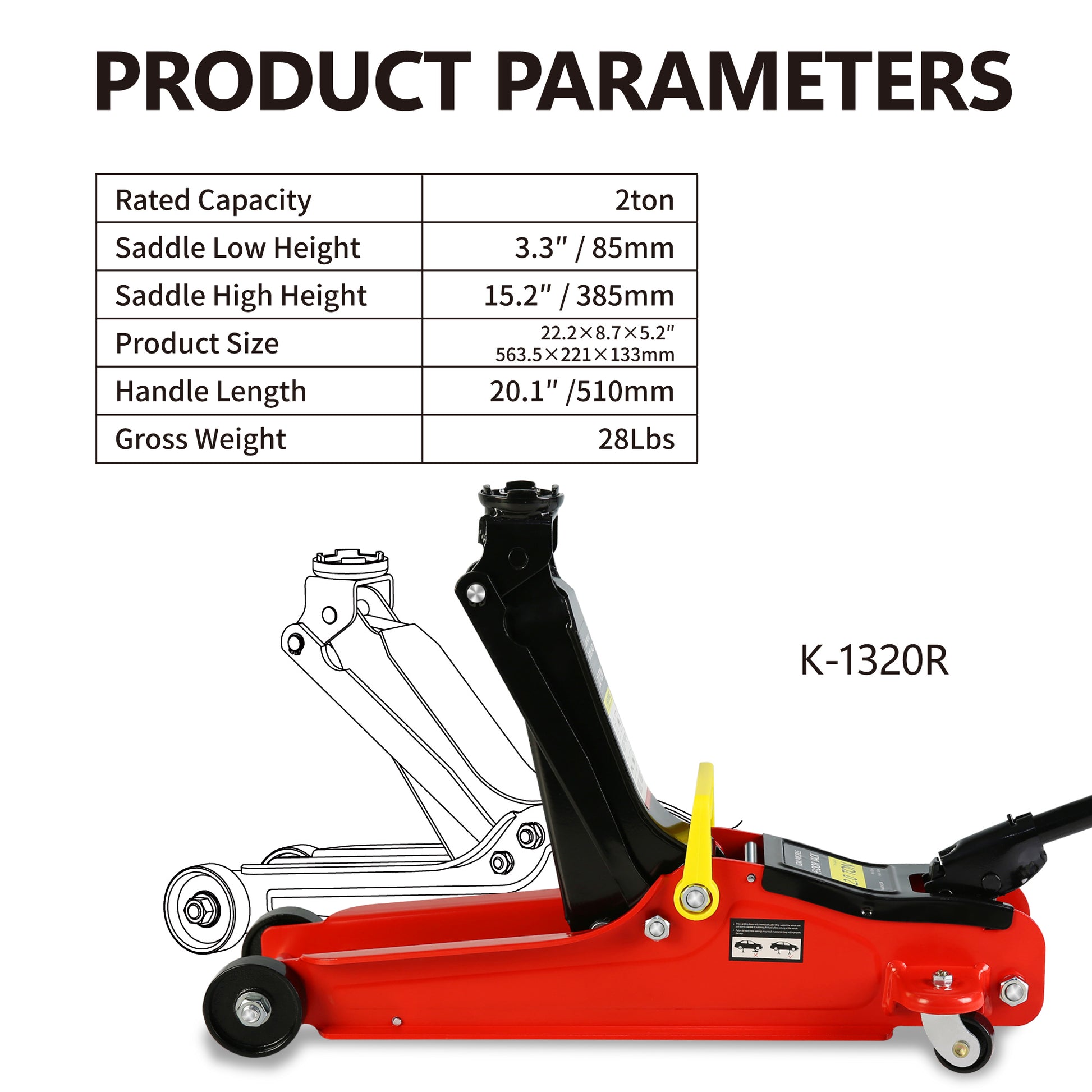 Red ton hydraulic floor jack with a  saddle high lift for vehicle maintenance