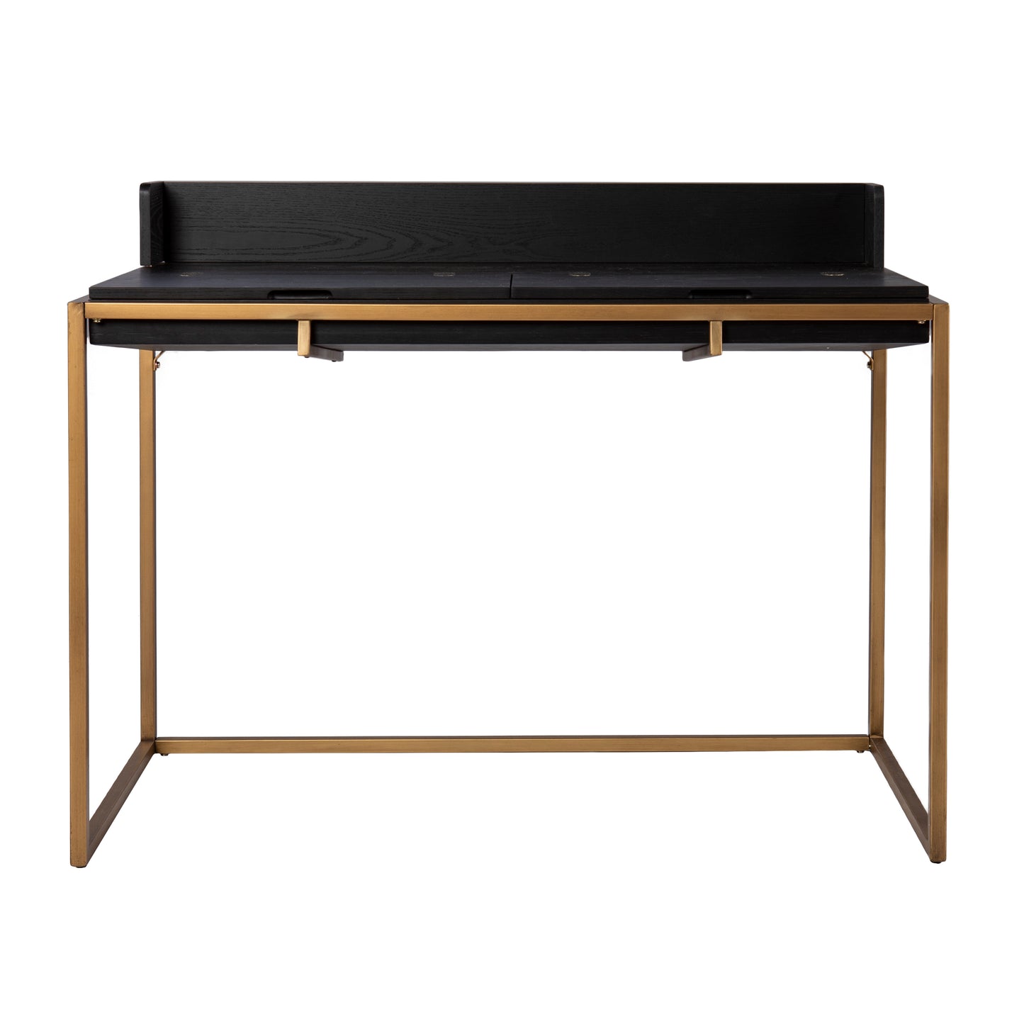 Modern black wood secretary desk with gold metal legs and two drawers
