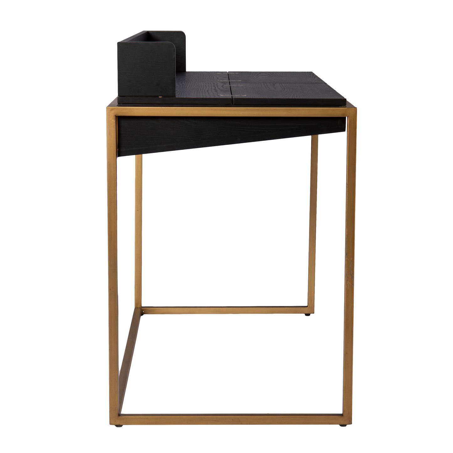 Modern black writing desk with foldable top and gold metal legs