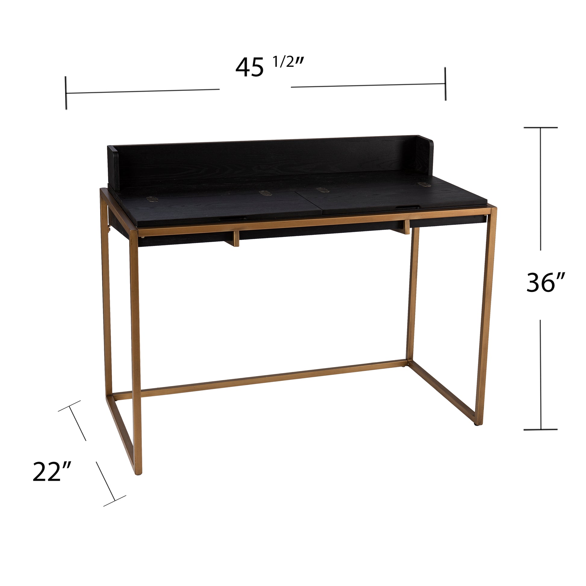 Black wood desk with gold metal frame and builtin riser modern style