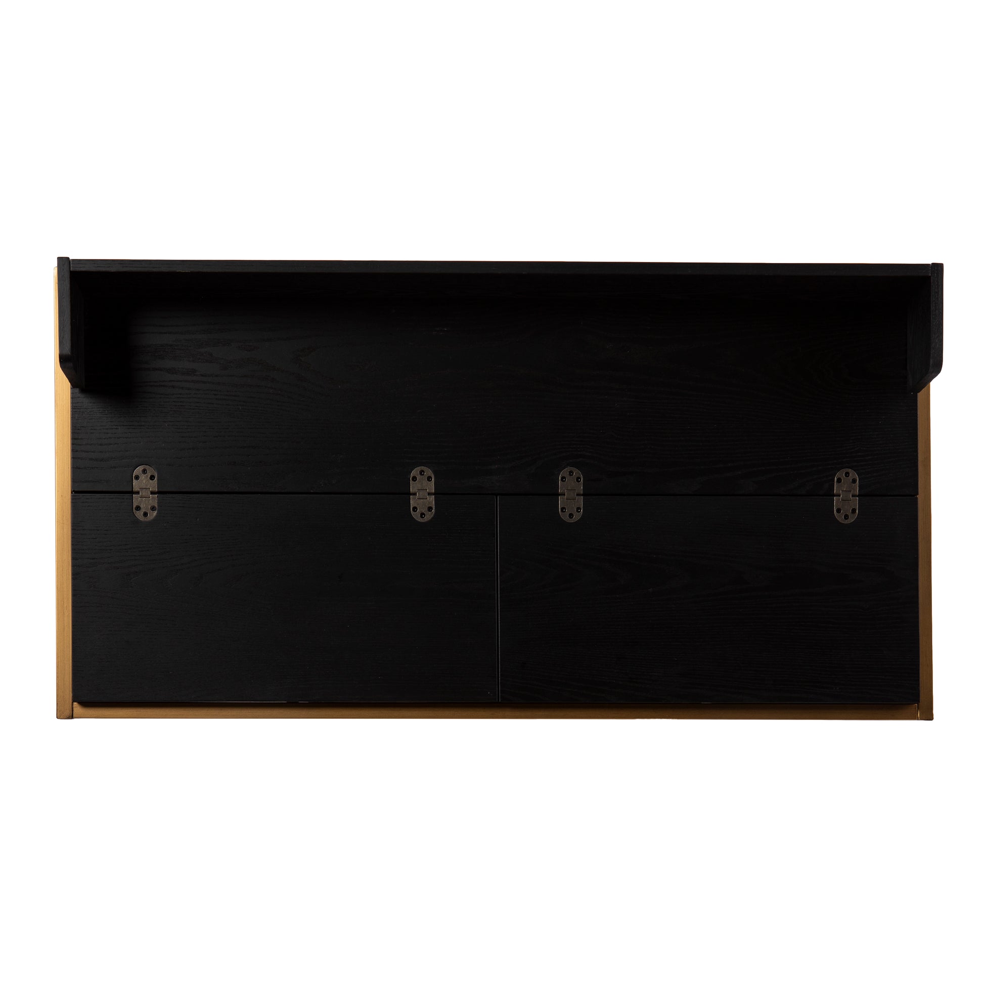 Black wood wall mounted cabinet with brass hinges and a golden wood frame Ideal for entryway storage