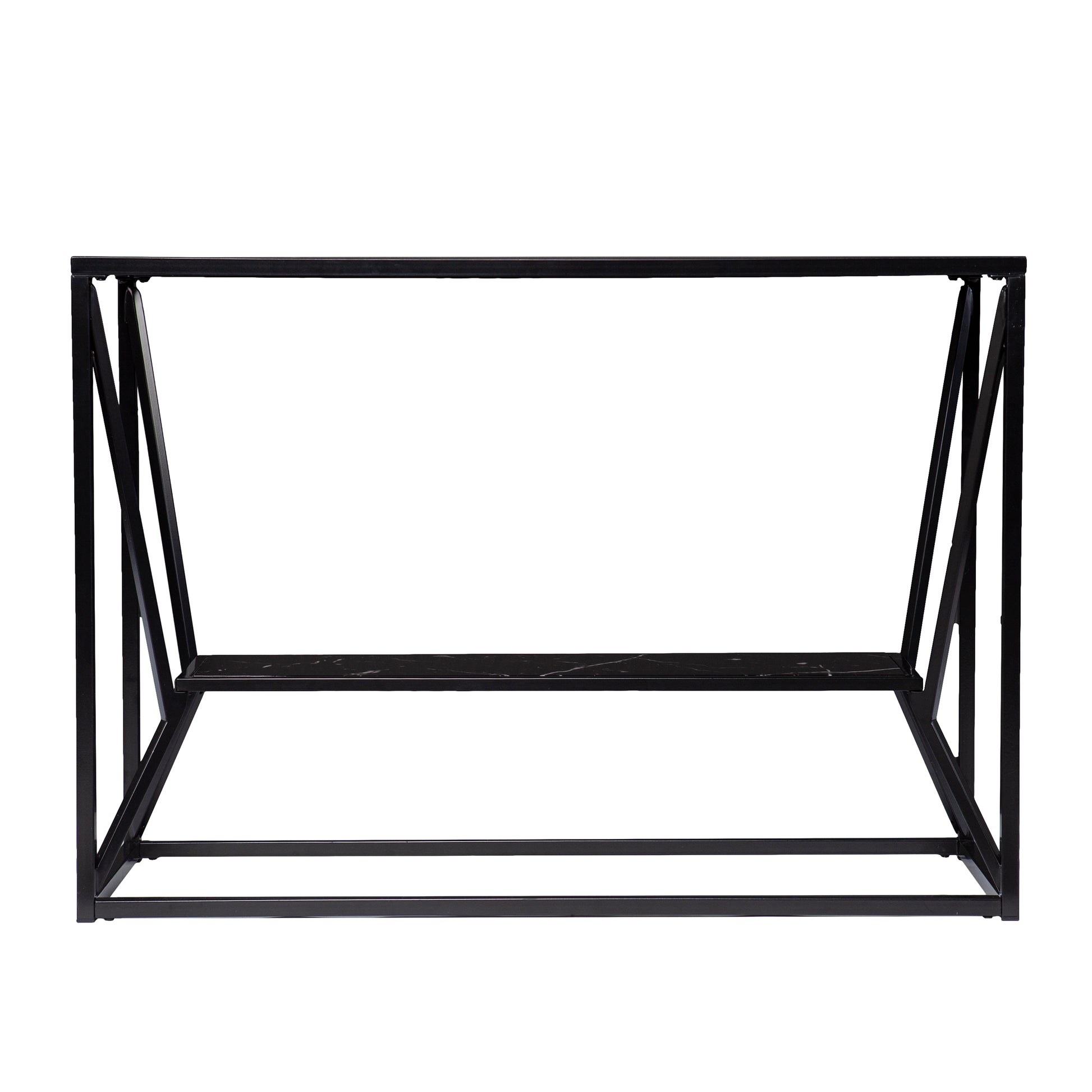 Modern black metal console table with a black faux marble top ideal for entryways