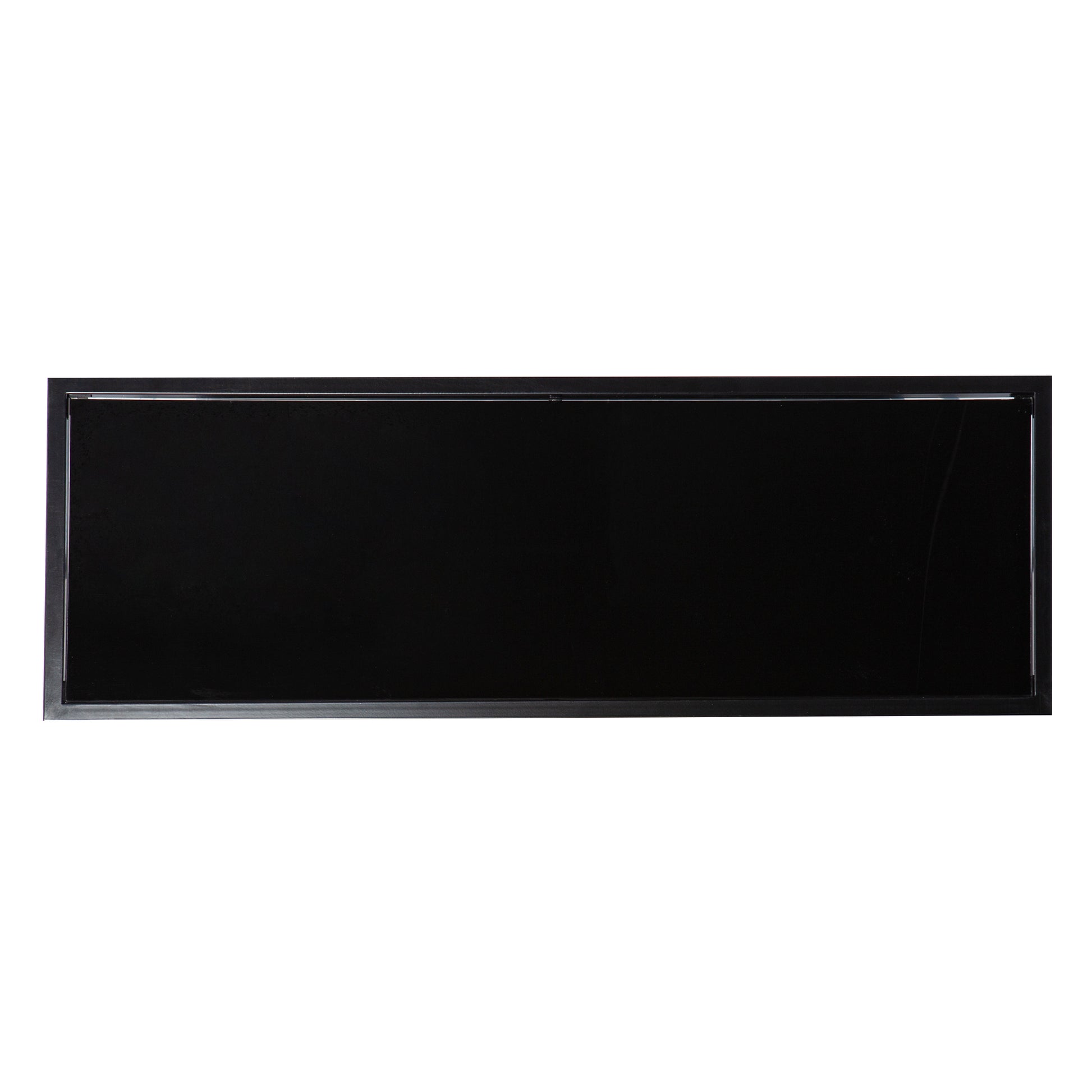Sleek black rectangular frameless glass shelf with a minimalist design for modern bathrooms