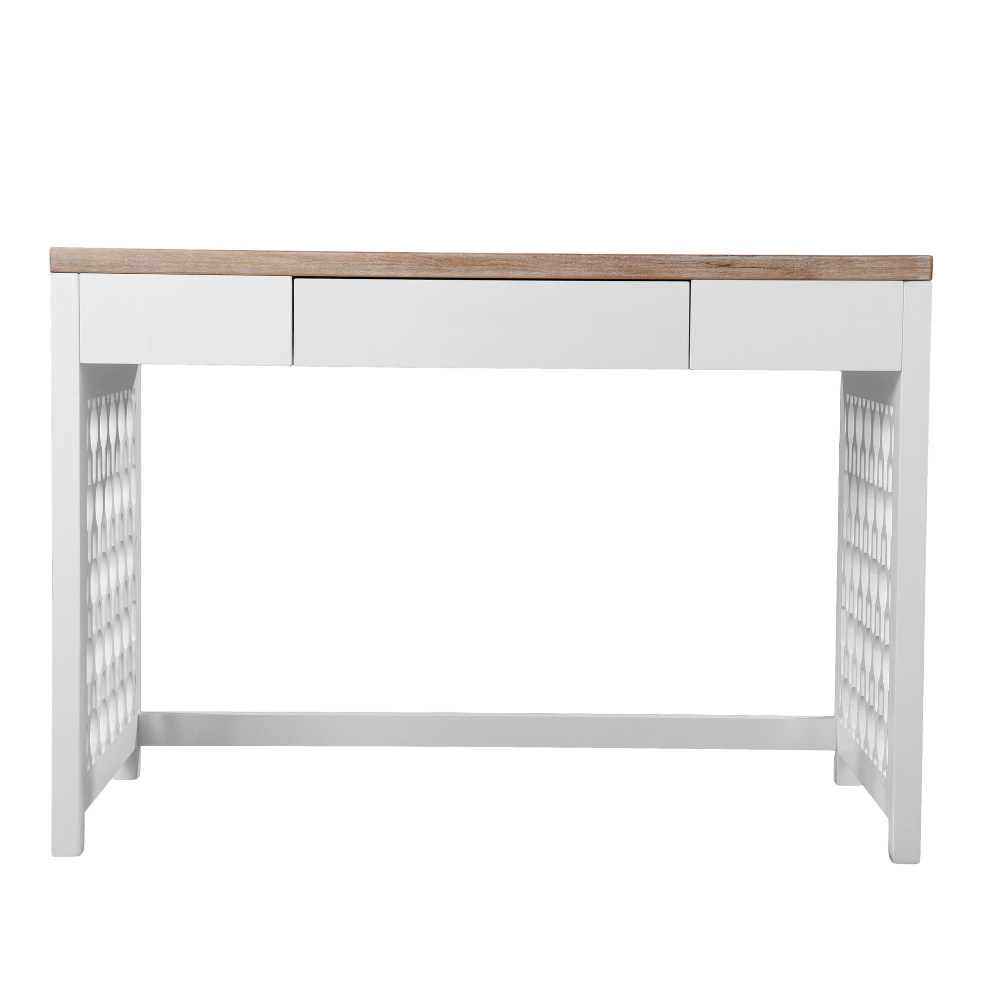 White and wood writing desk with decorative lattice sides