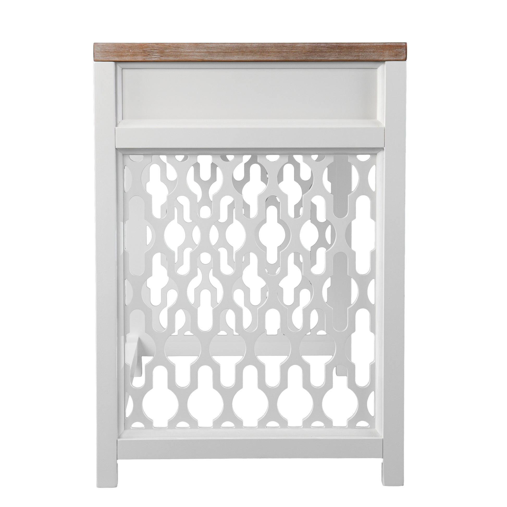 White and wood accent cabinet with decorative fretwork and antique brass hardware