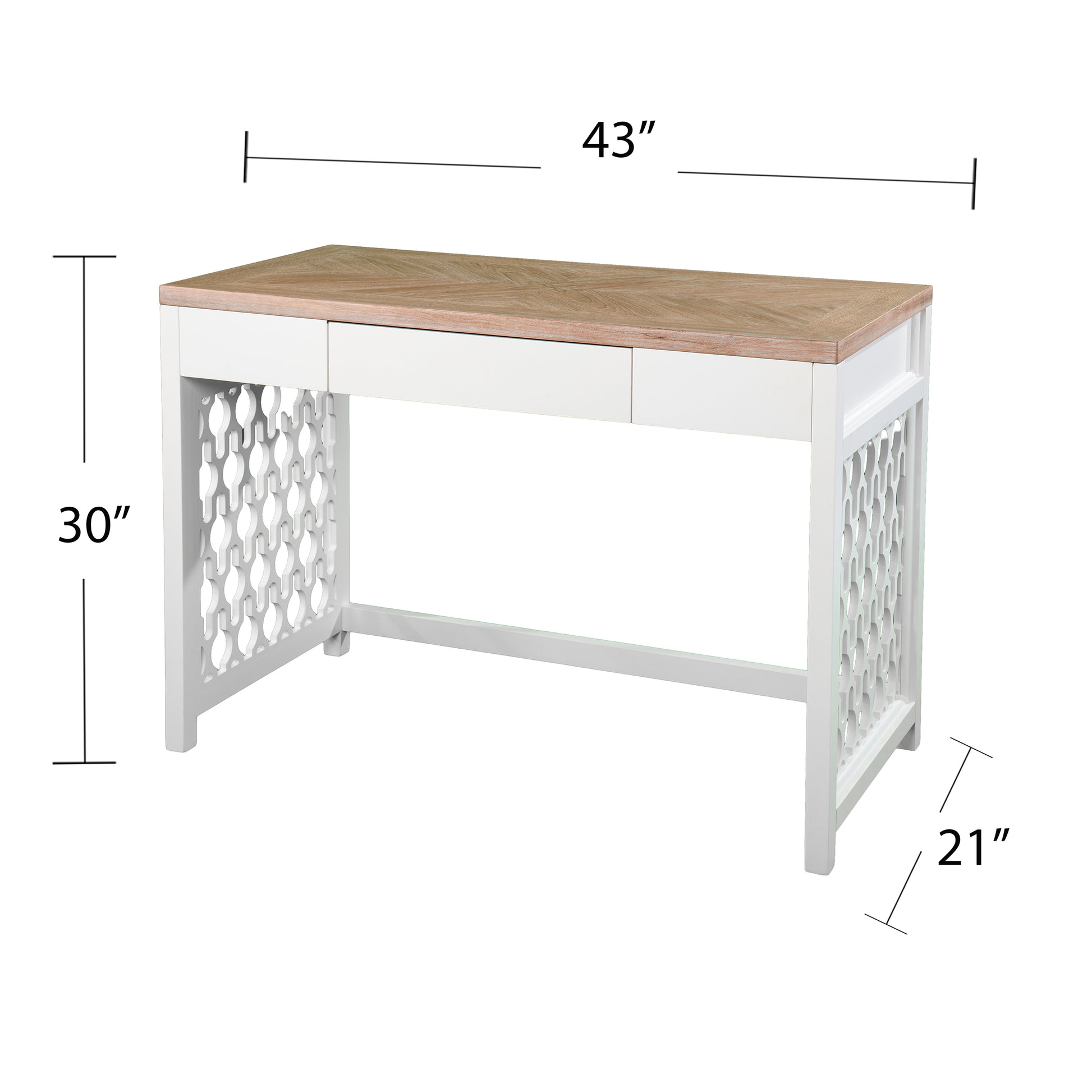 White and wood accent desk with geometric lattice sides and two drawers