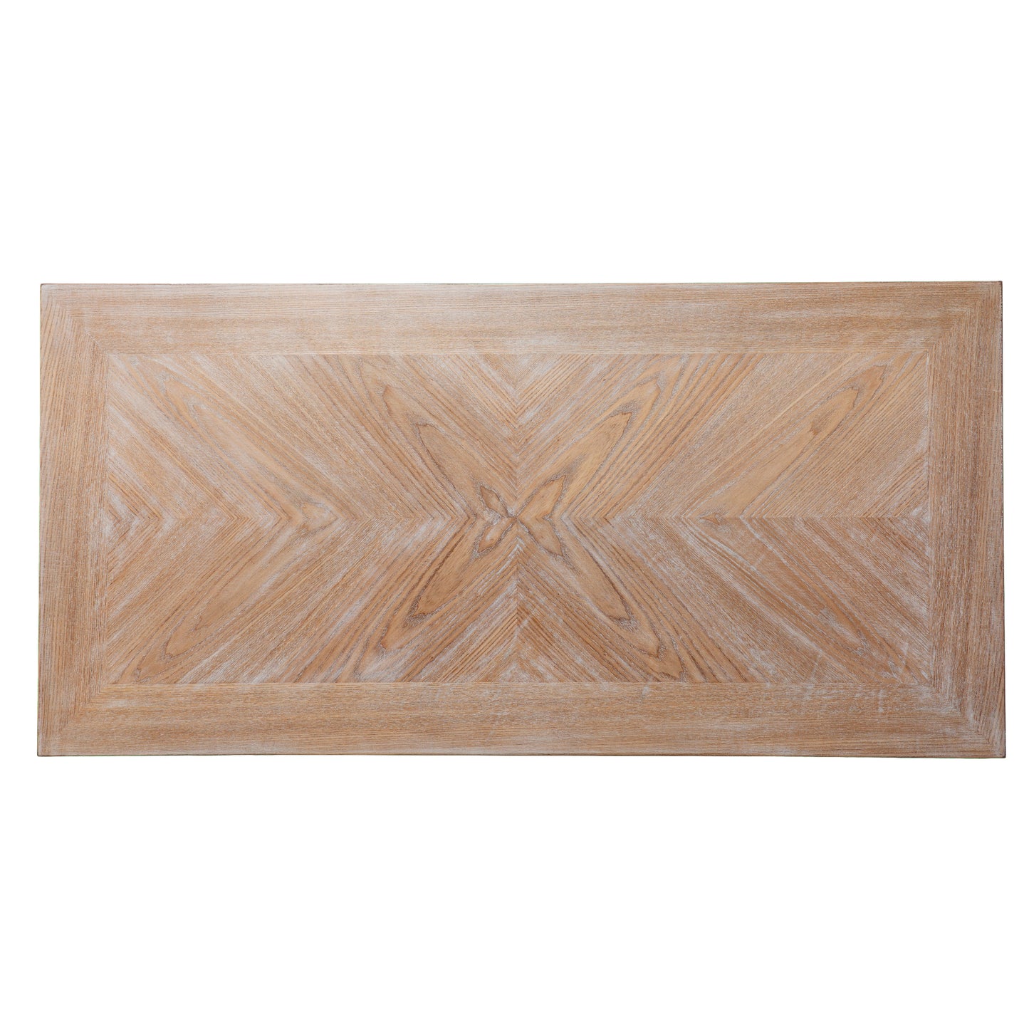 Distressed light wood dining table with geometric grain pattern