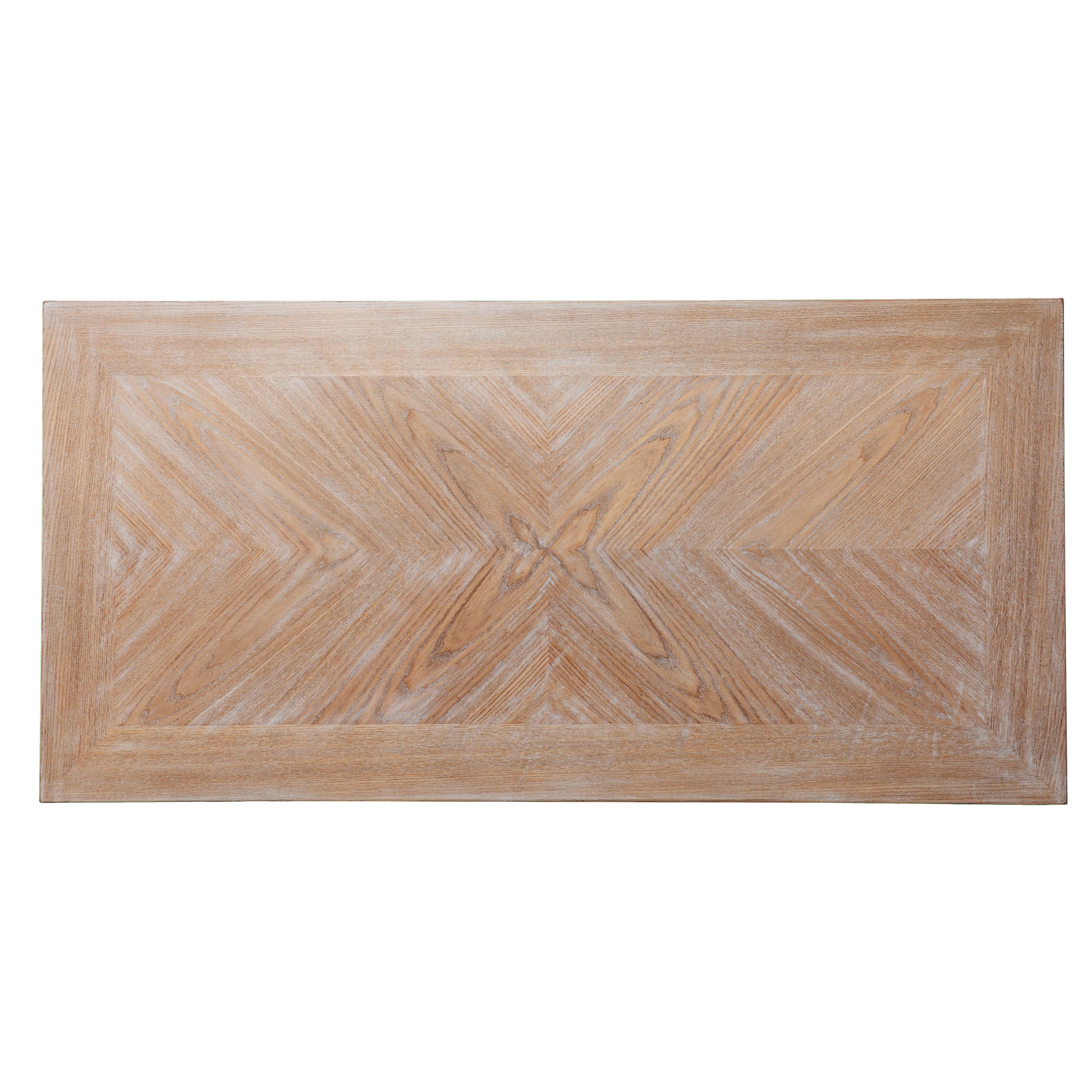 Distressed light wood dining table with geometric grain pattern