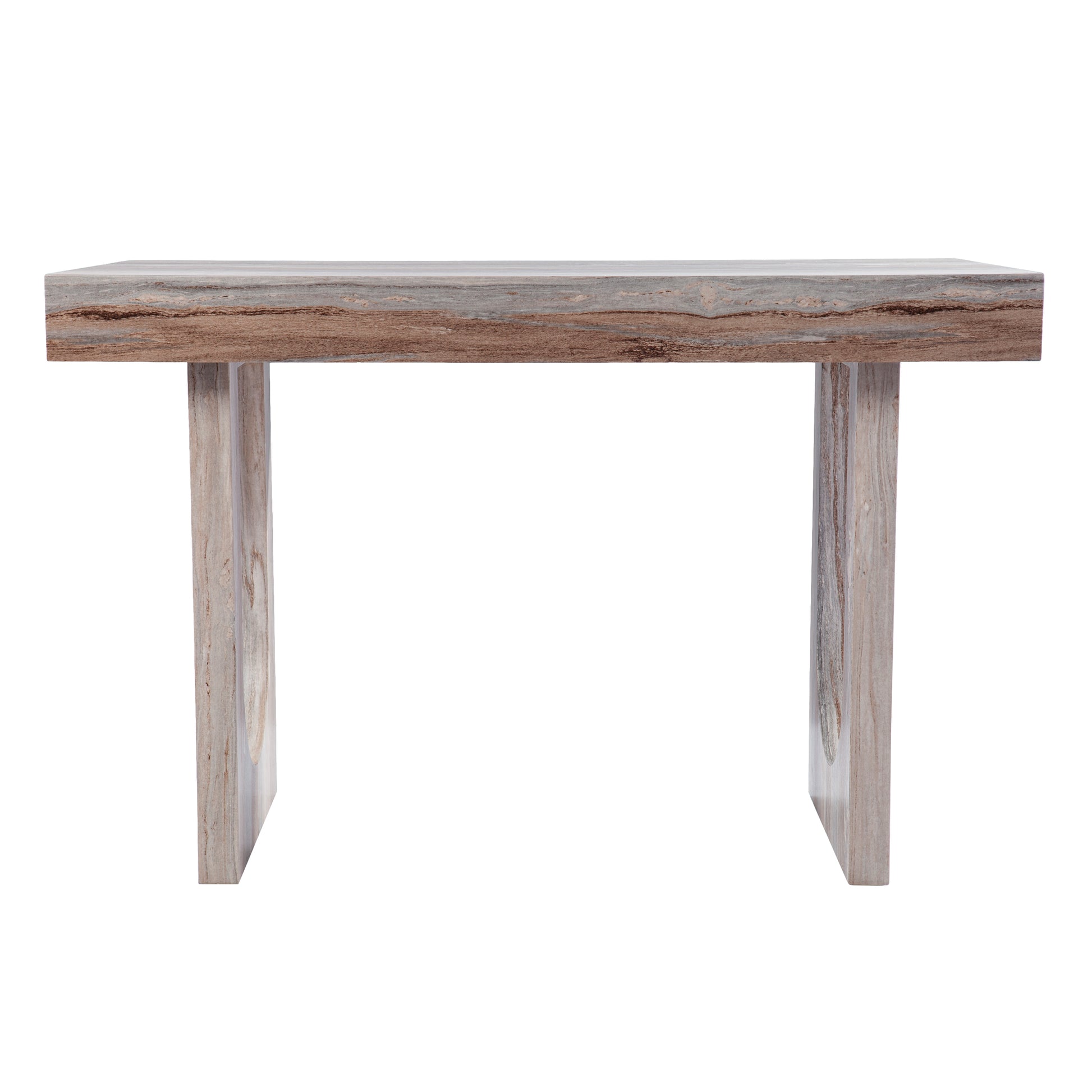 Console table with striking striated wood grain in neutral tones modern minimalist design