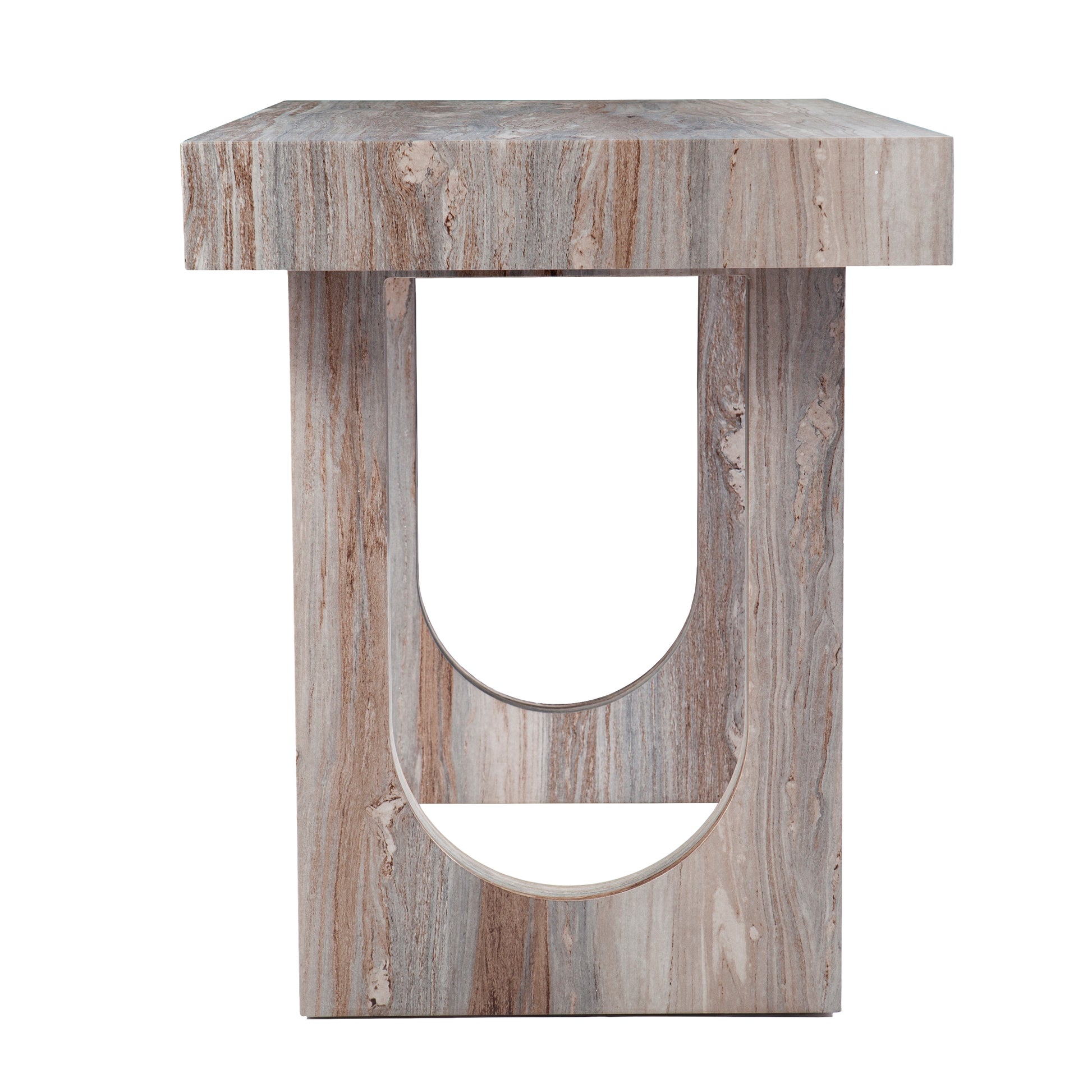 Modern travertine console table with bold Ushaped pedestal base and natural earth tones