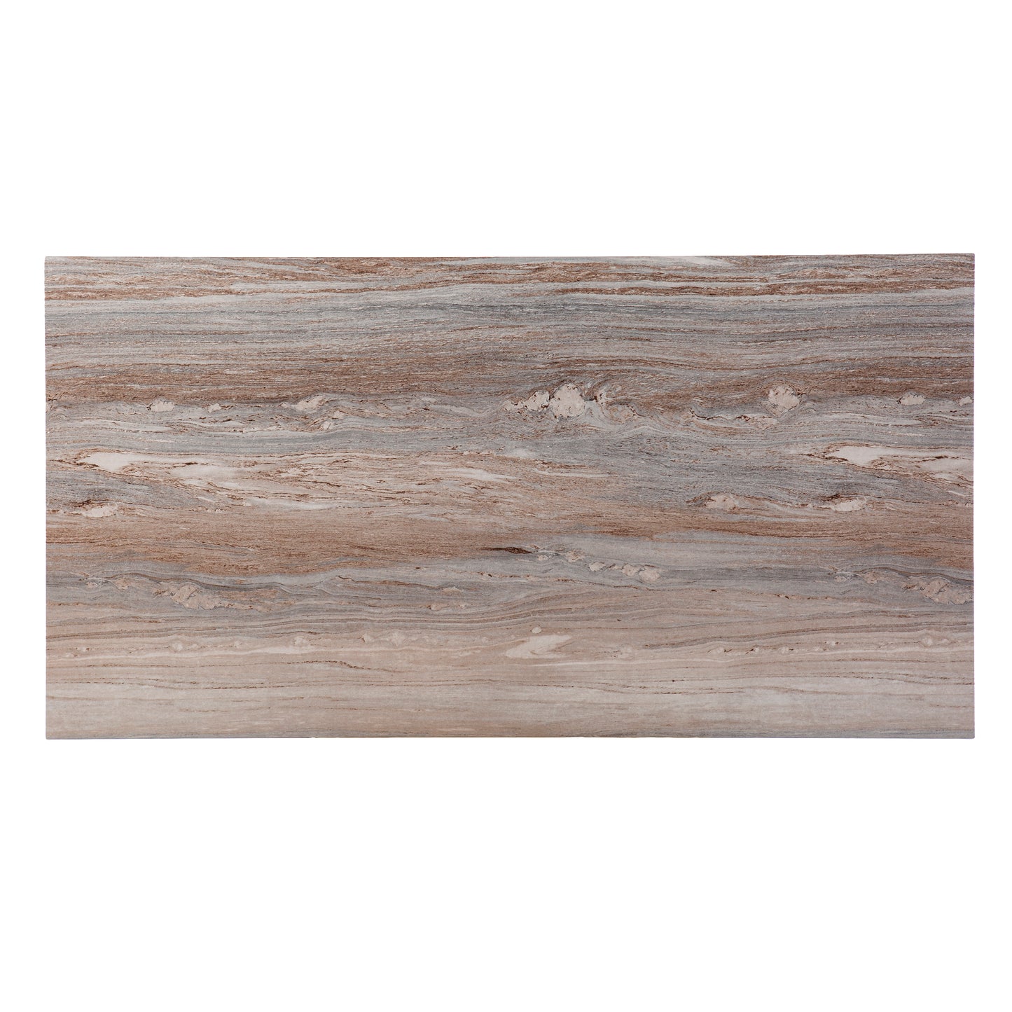 Polished slab of natural travertine with horizontal brown and gray veining
