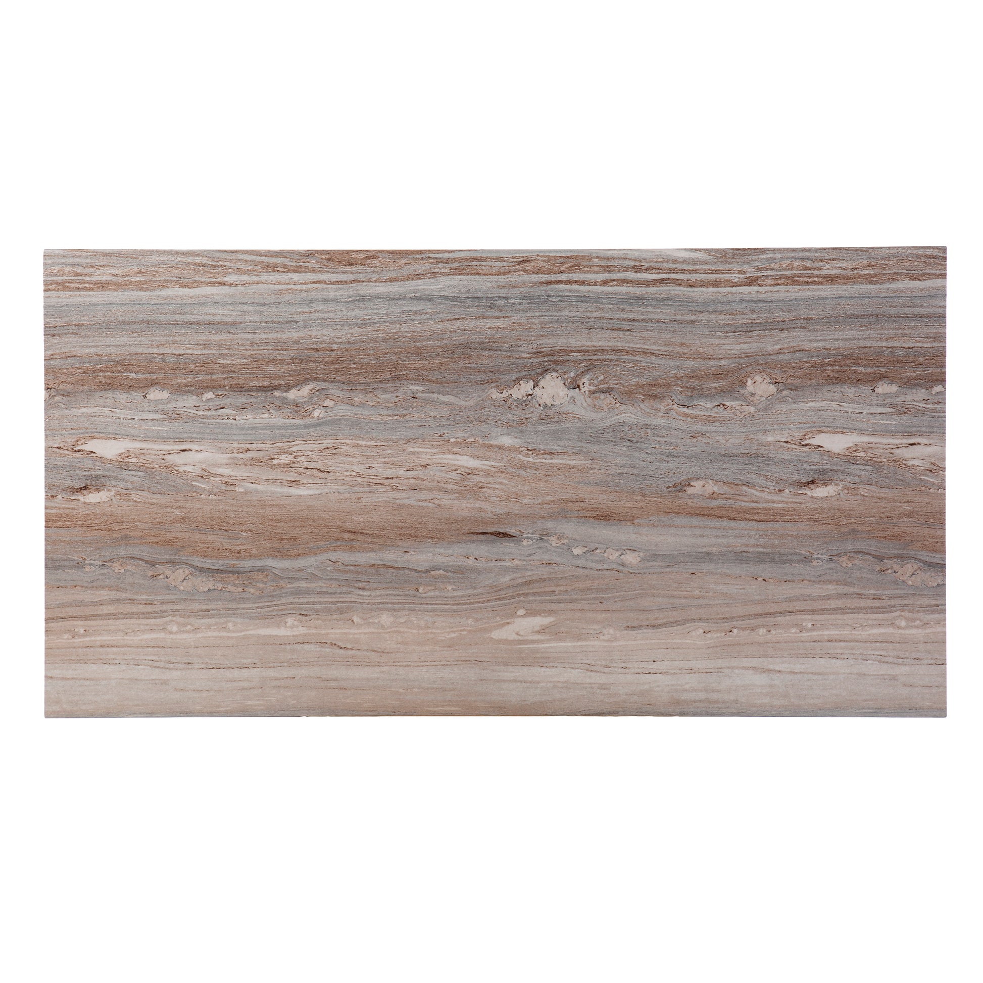 Polished slab of natural travertine with horizontal brown and gray veining