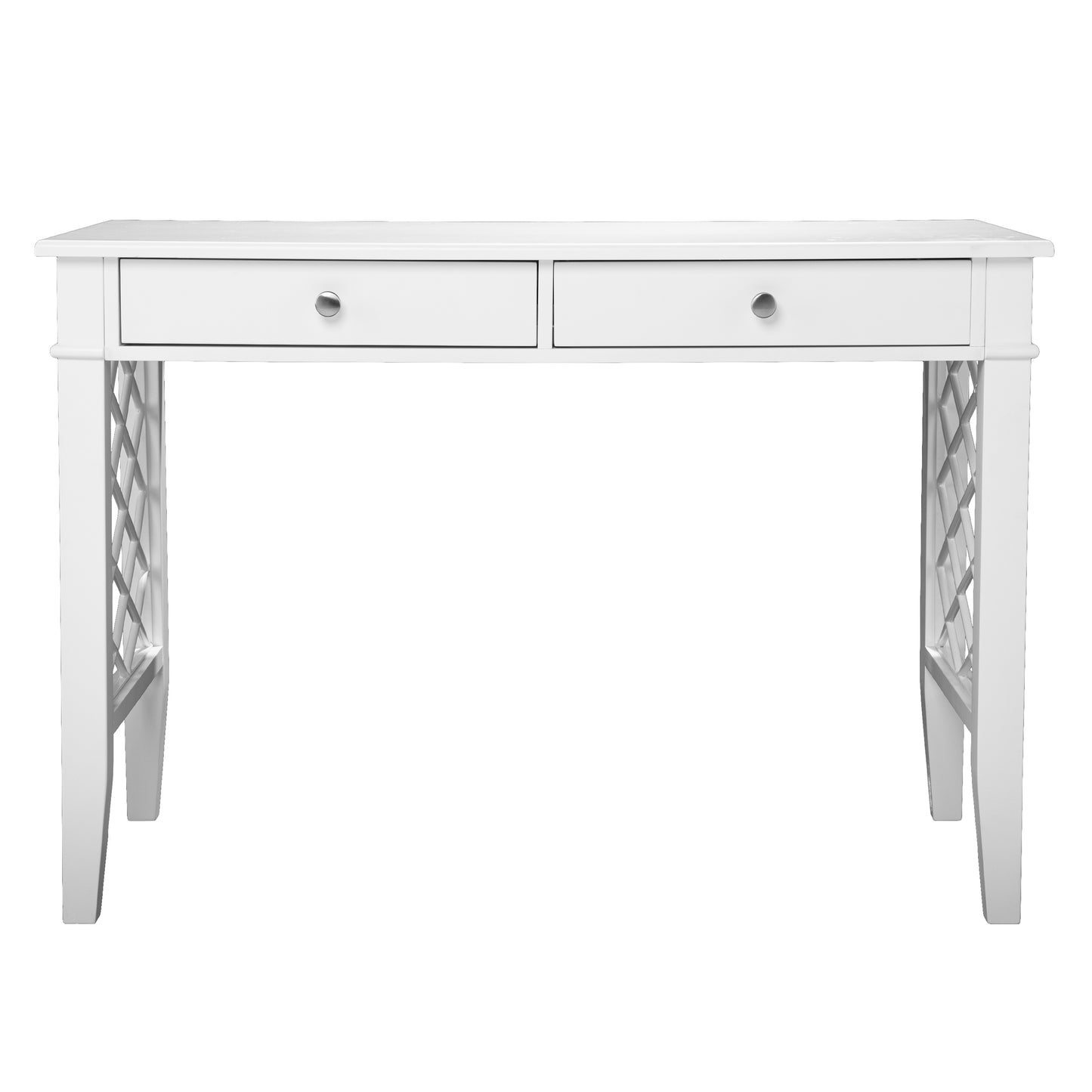 White wooden console table with two drawers and diamondpatterned legs