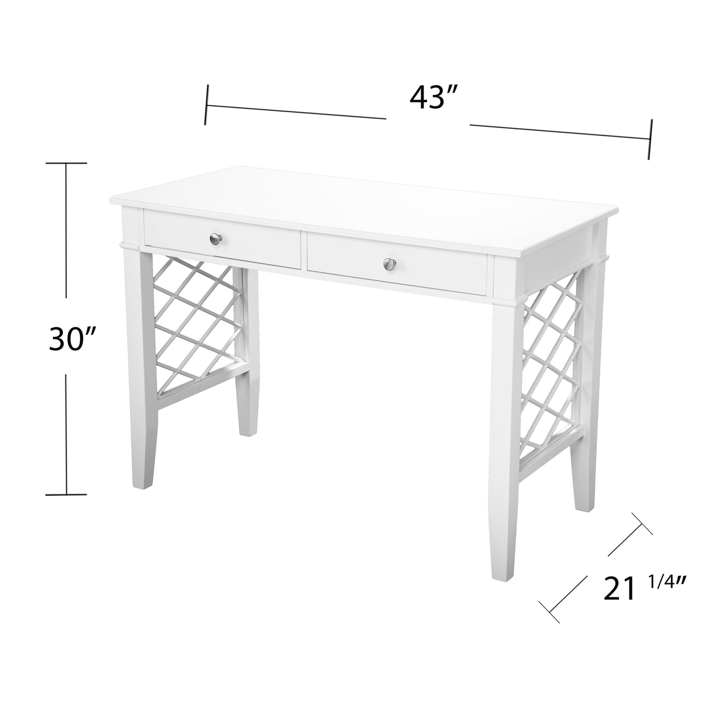 White accent desk with diamond lattice side panels and two drawers  H x  W