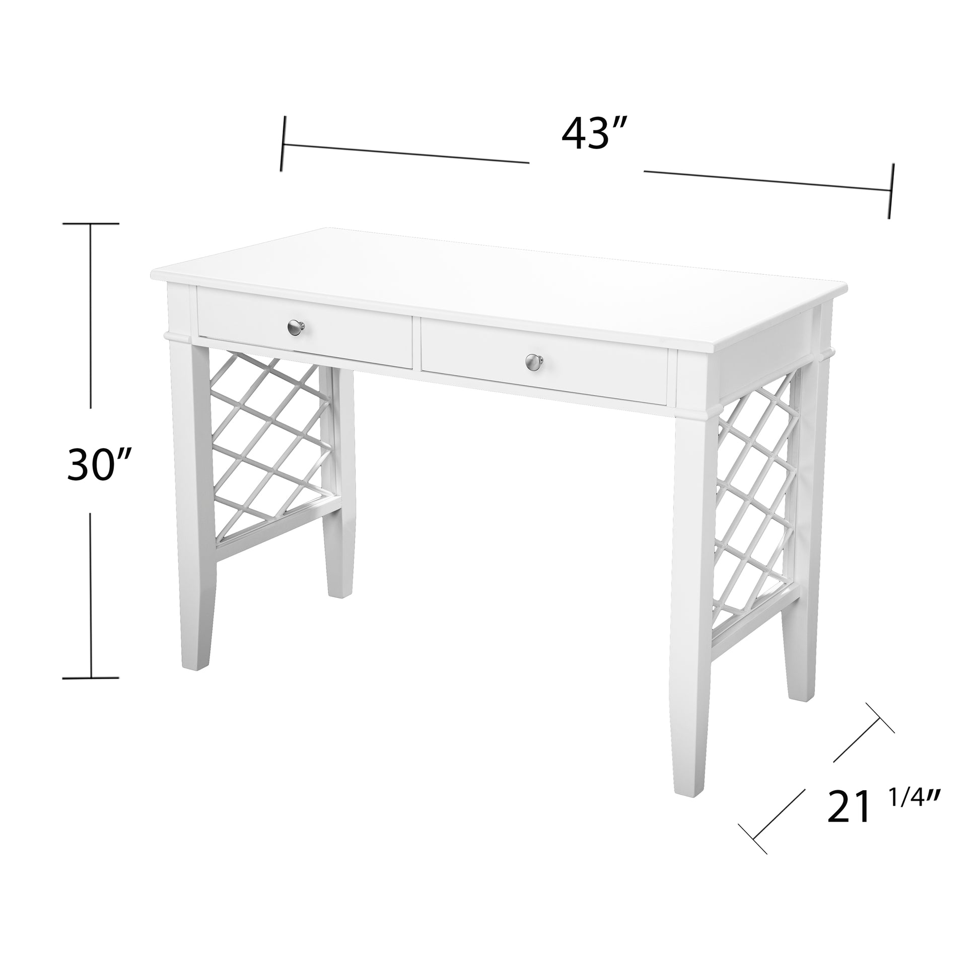 White accent desk with diamond lattice side panels and two drawers  H x  W