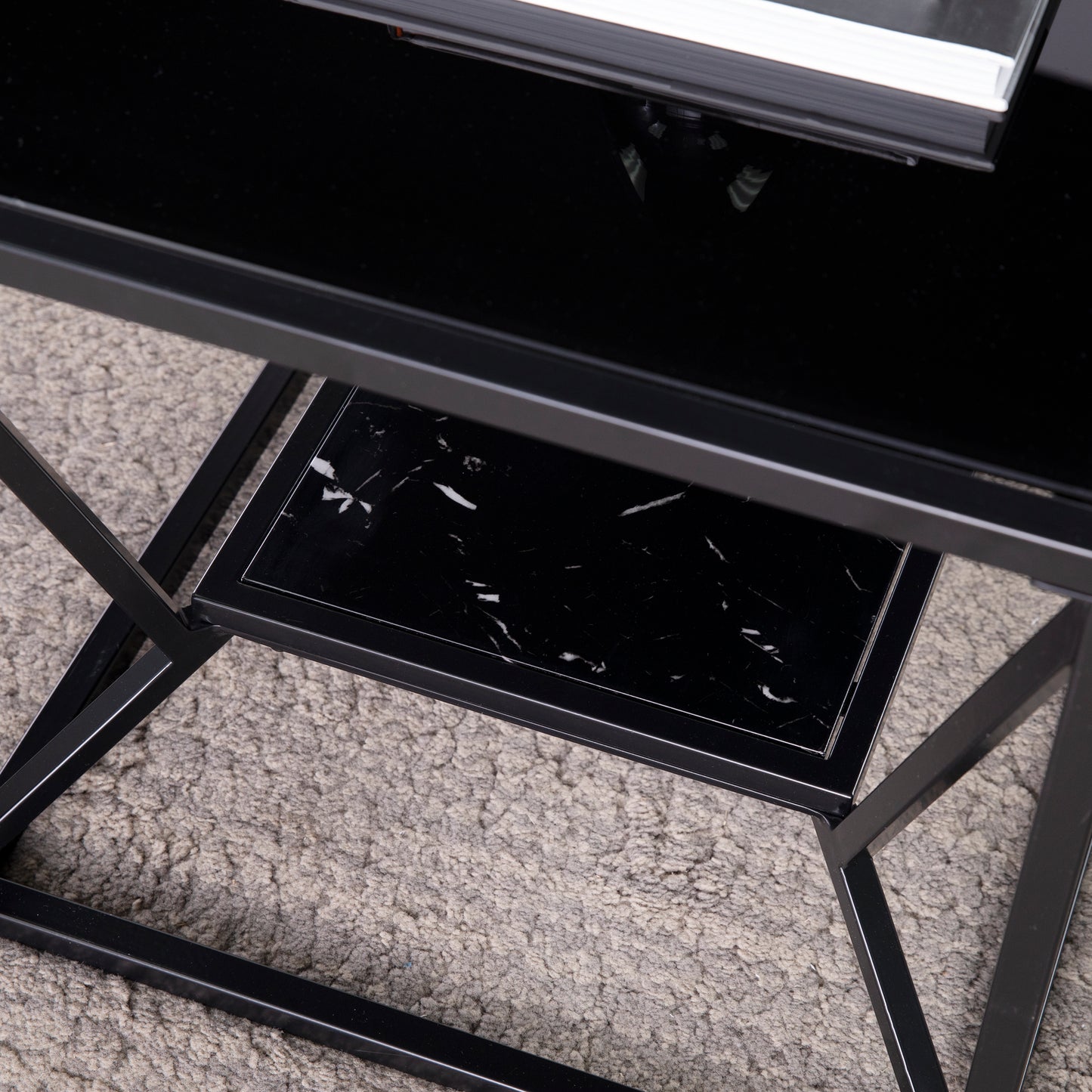 Modern black side table with marbleeffect shelf and metal frame