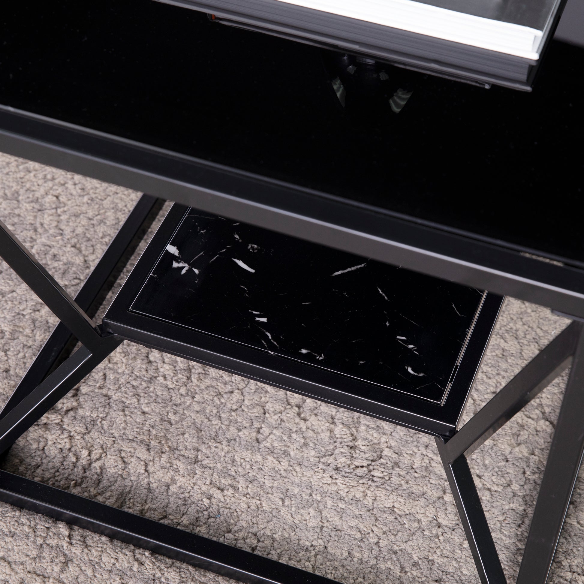 Modern black side table with marbleeffect shelf and metal frame