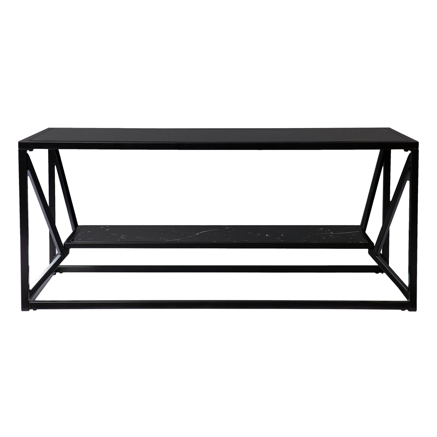 Sleek black metal console table with a black marblepatterned shelf and minimalist design