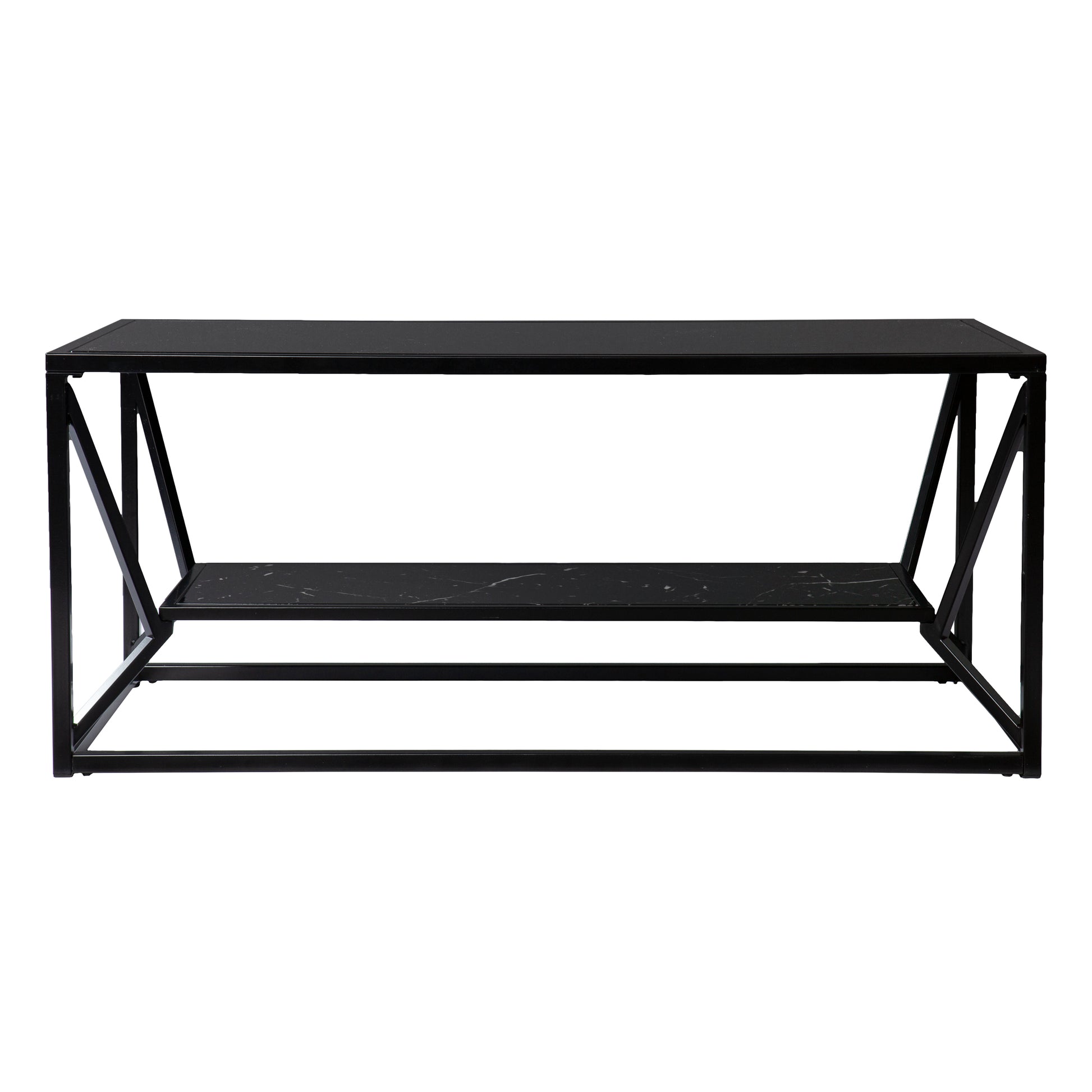 Sleek black metal console table with a black marblepatterned shelf and minimalist design
