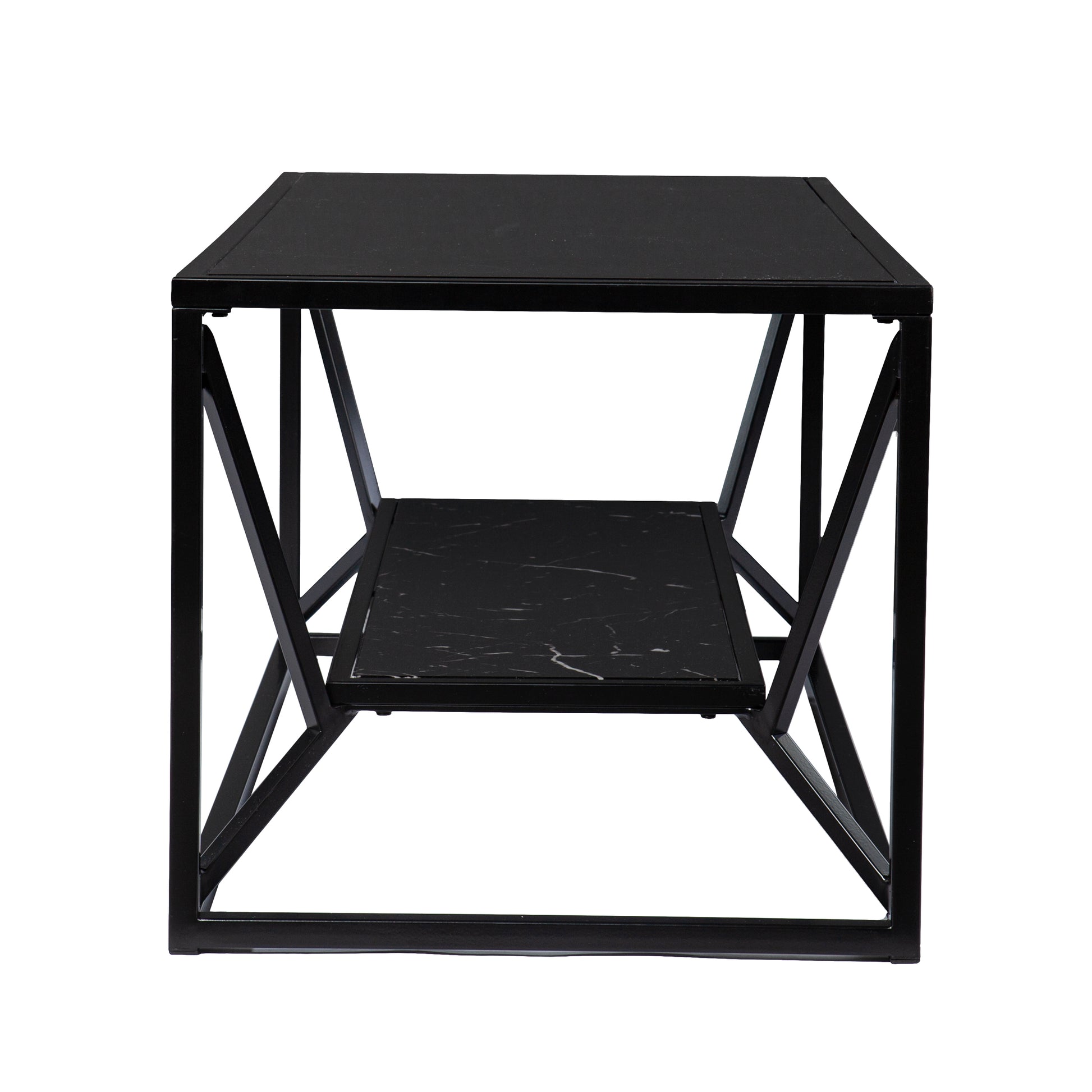 Black marble top end table with geometric metal frame and lower shelf