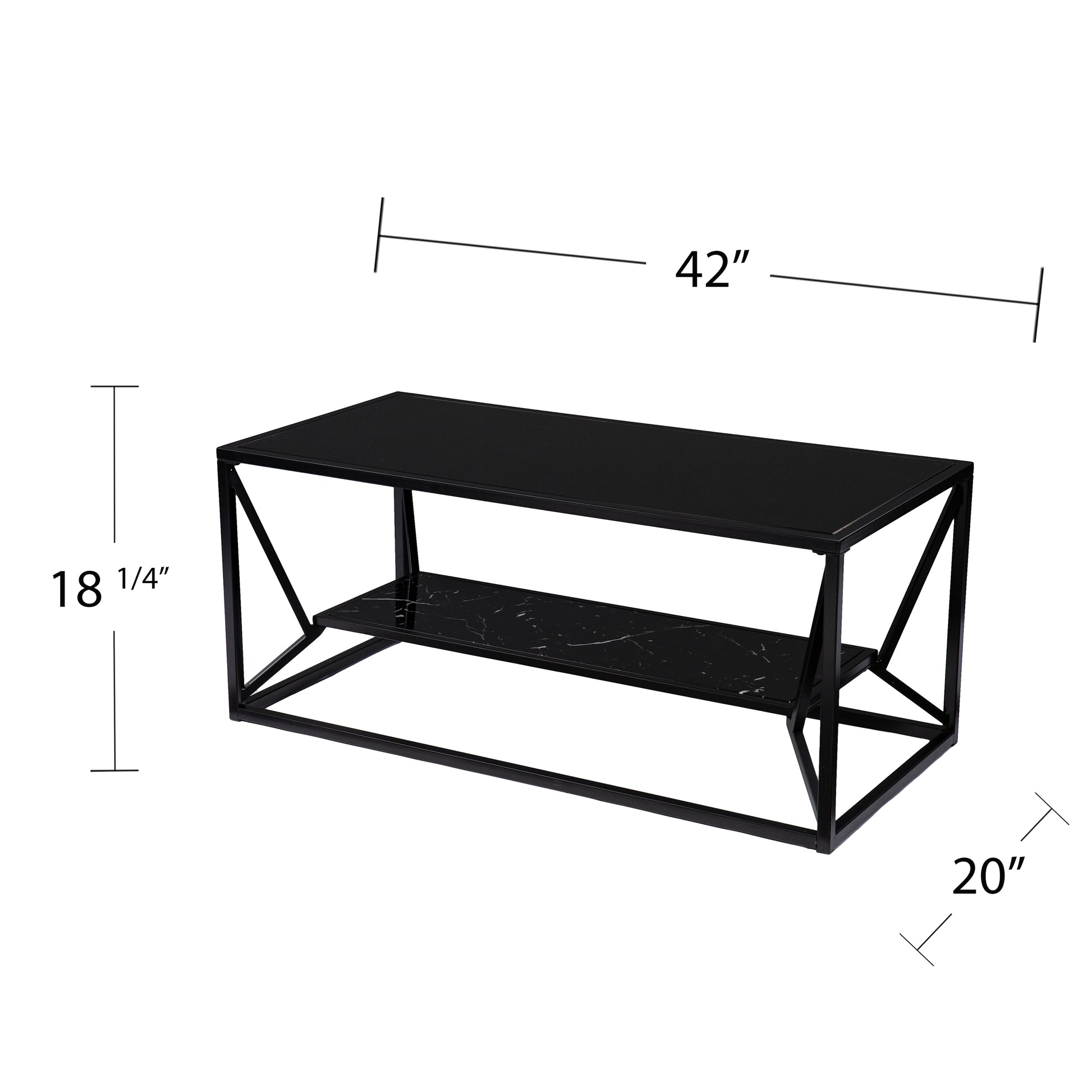 Black modern coffee table with marble shelf and metal frame  length