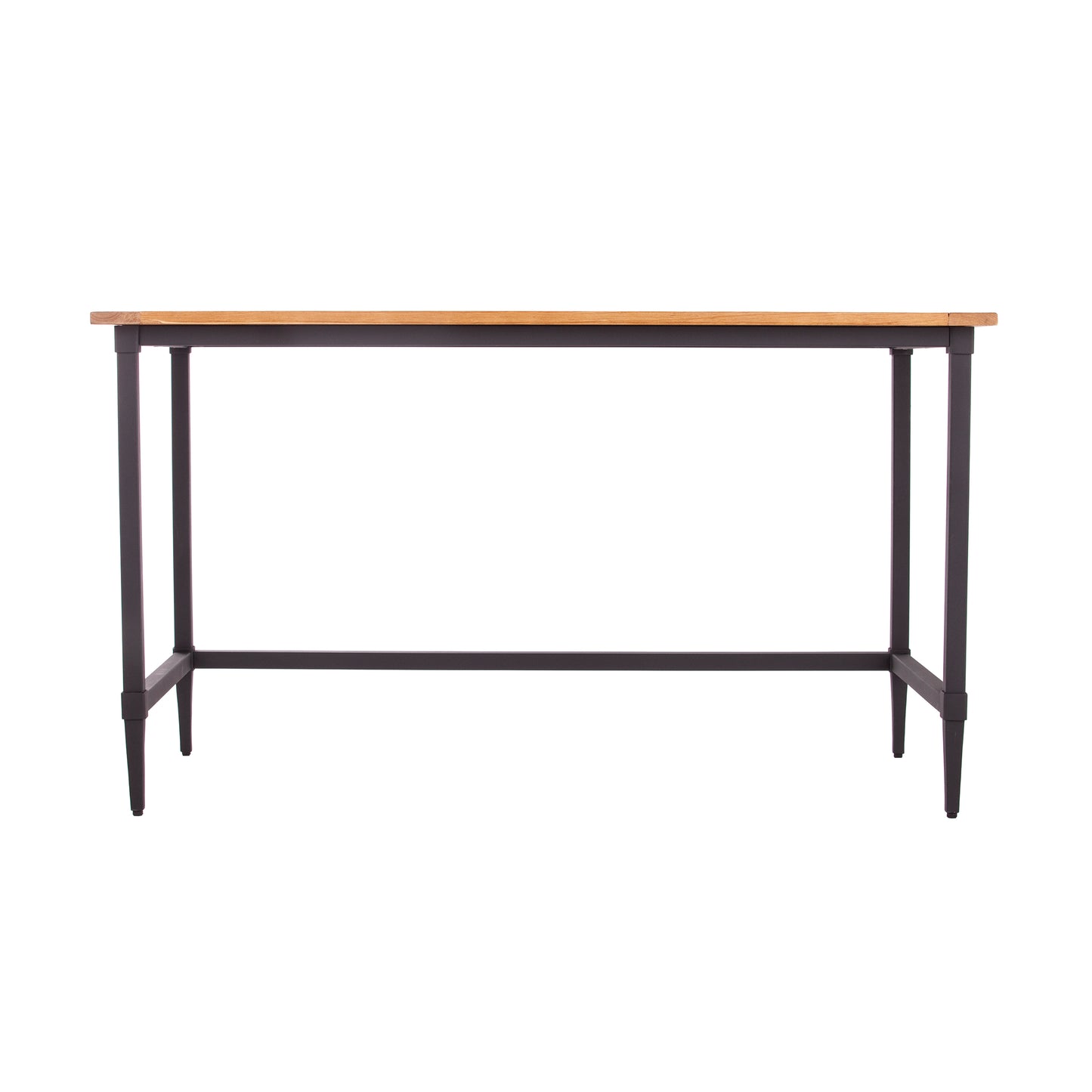 Narrow wooden top bar table with black metal legs