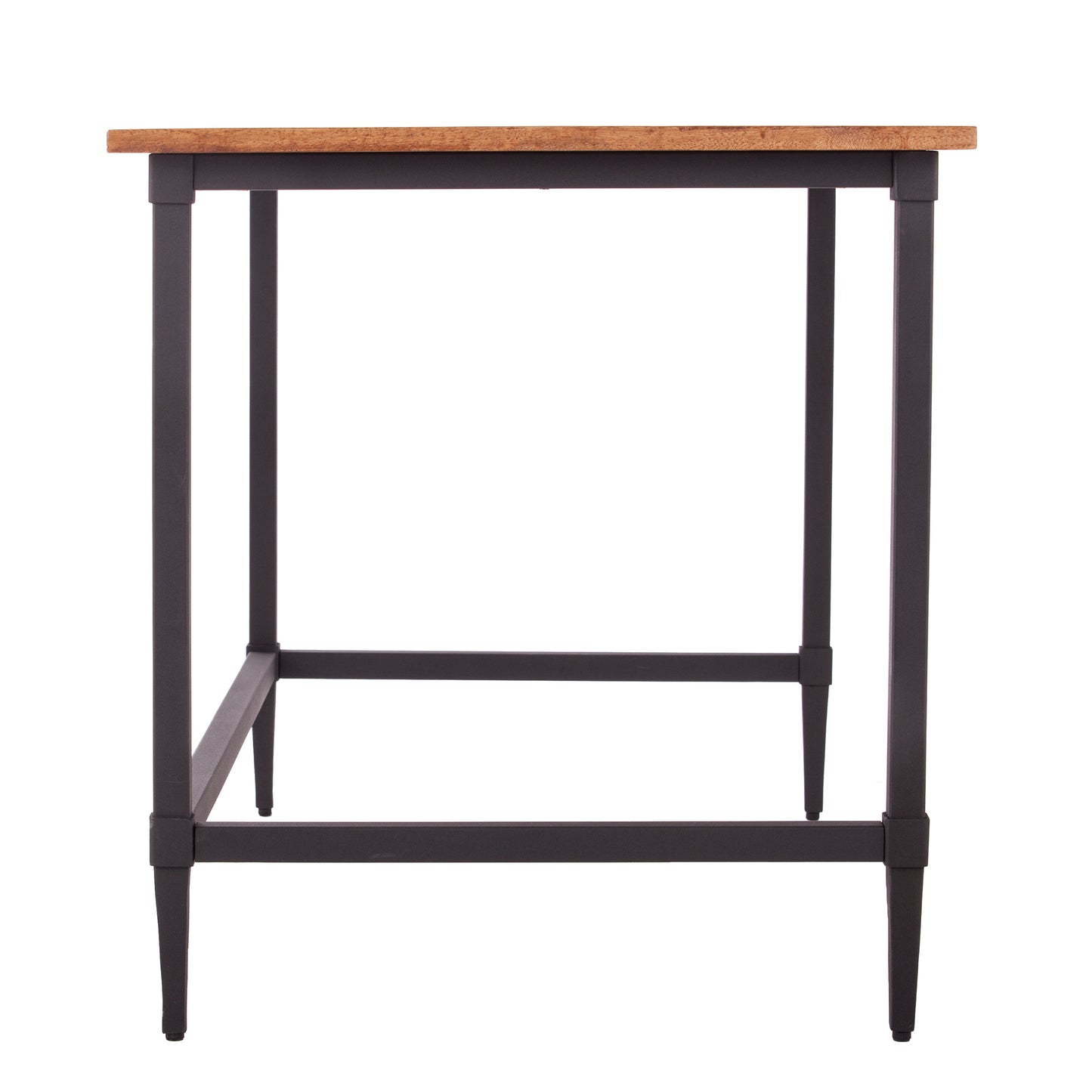 Modern counter height table with wood top and dark metal frame