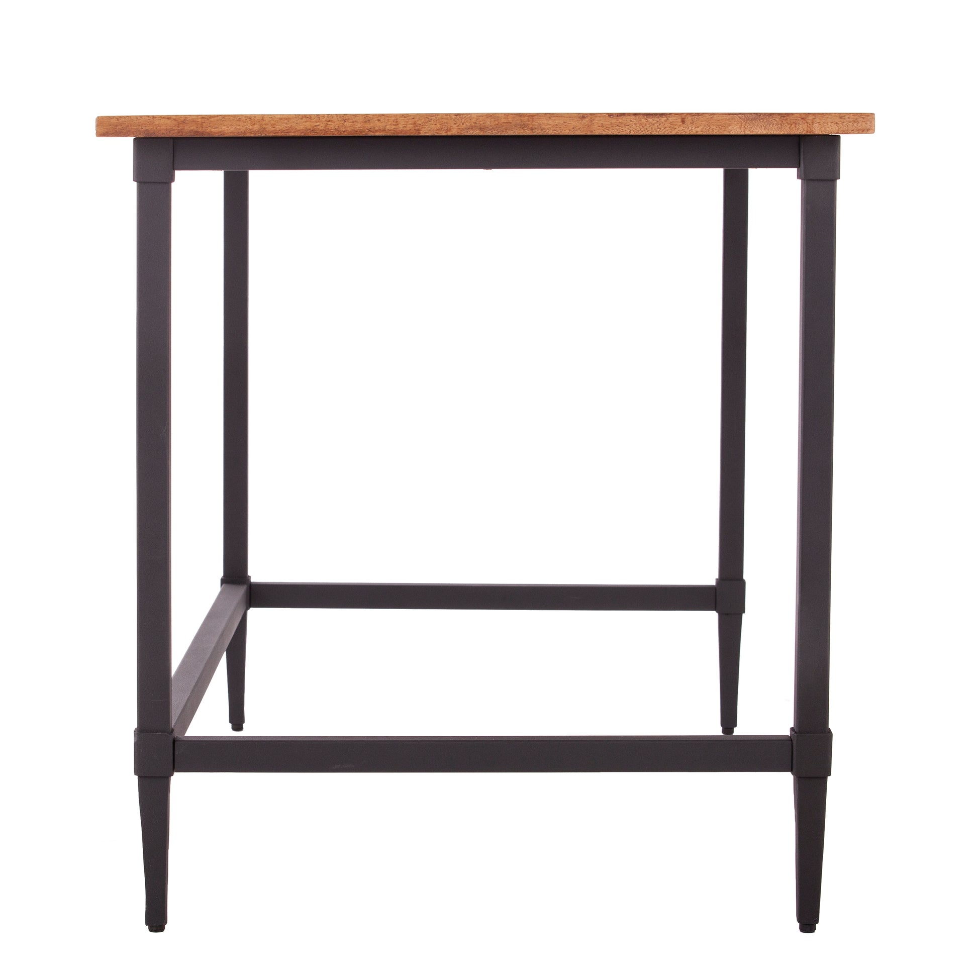 Modern counter height table with wood top and dark metal frame