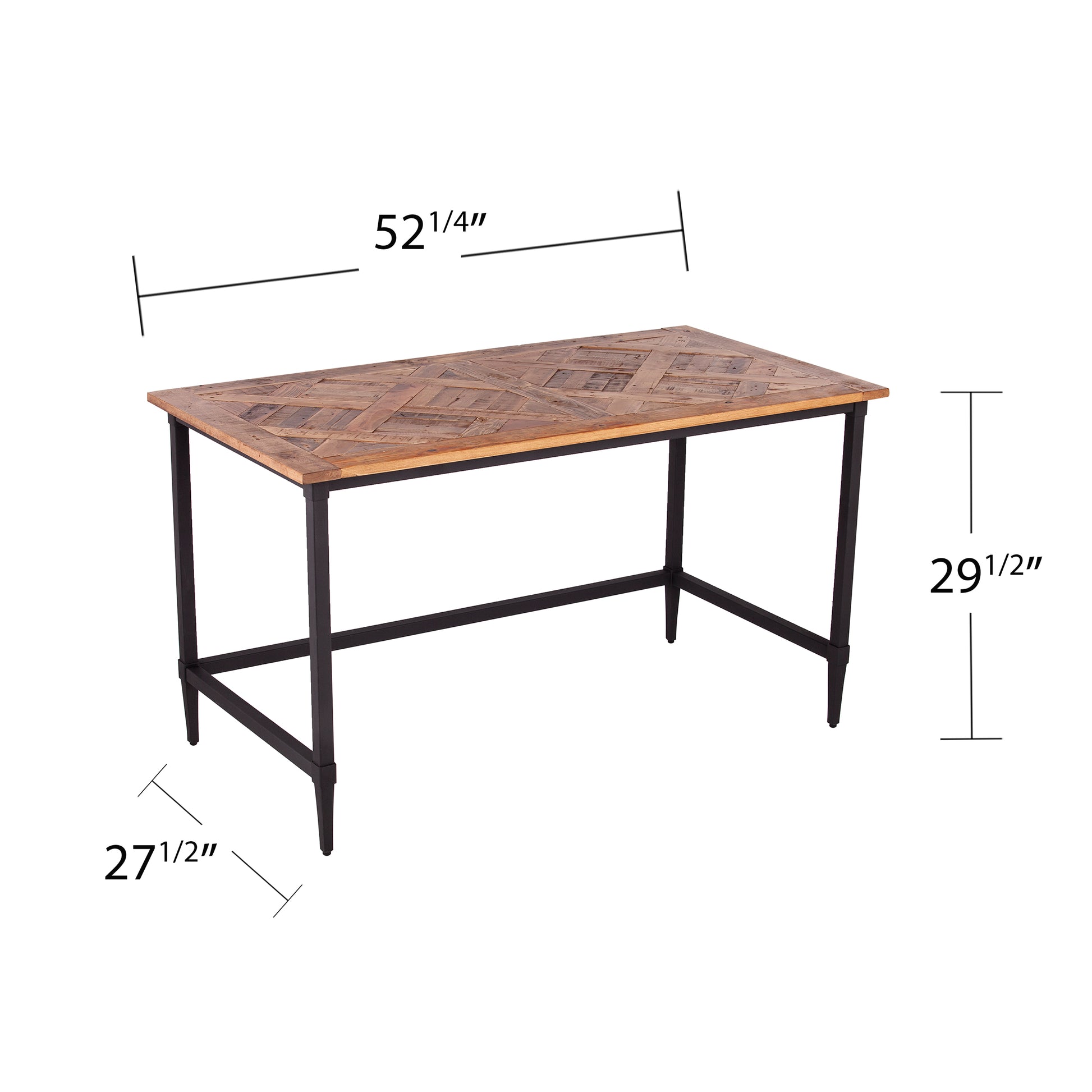 Reclaimed wood dining table with dark metal legs featuring a unique parquet top   W