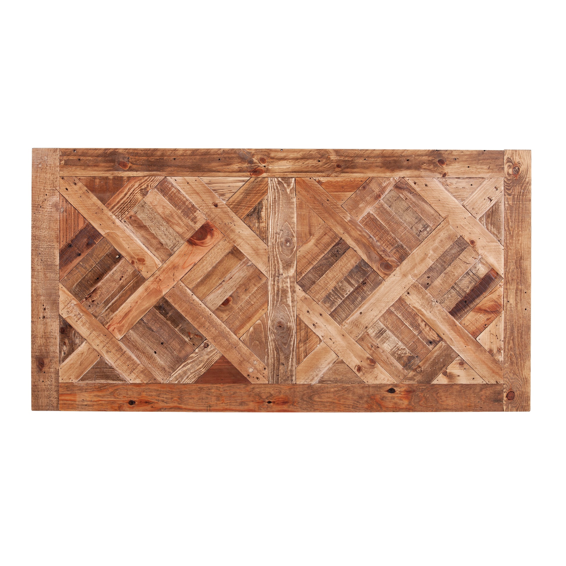 Rustic reclaimed wood tabletop with a geometric parquet pattern perfect for a farmhouse dining table