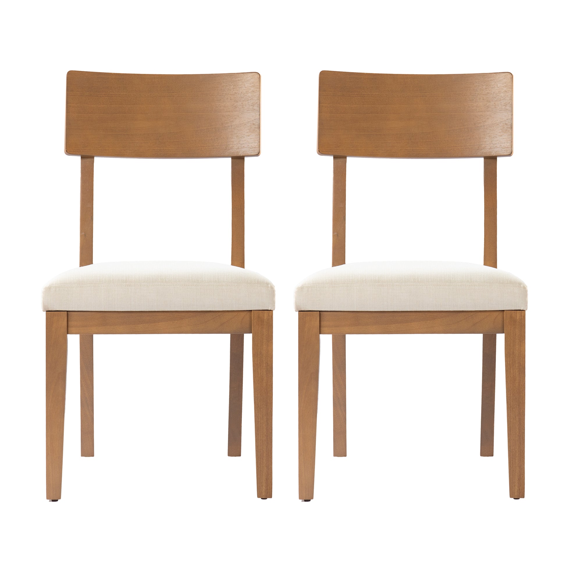 Two modern wooden dining chairs with beige upholstered seats and clean lines