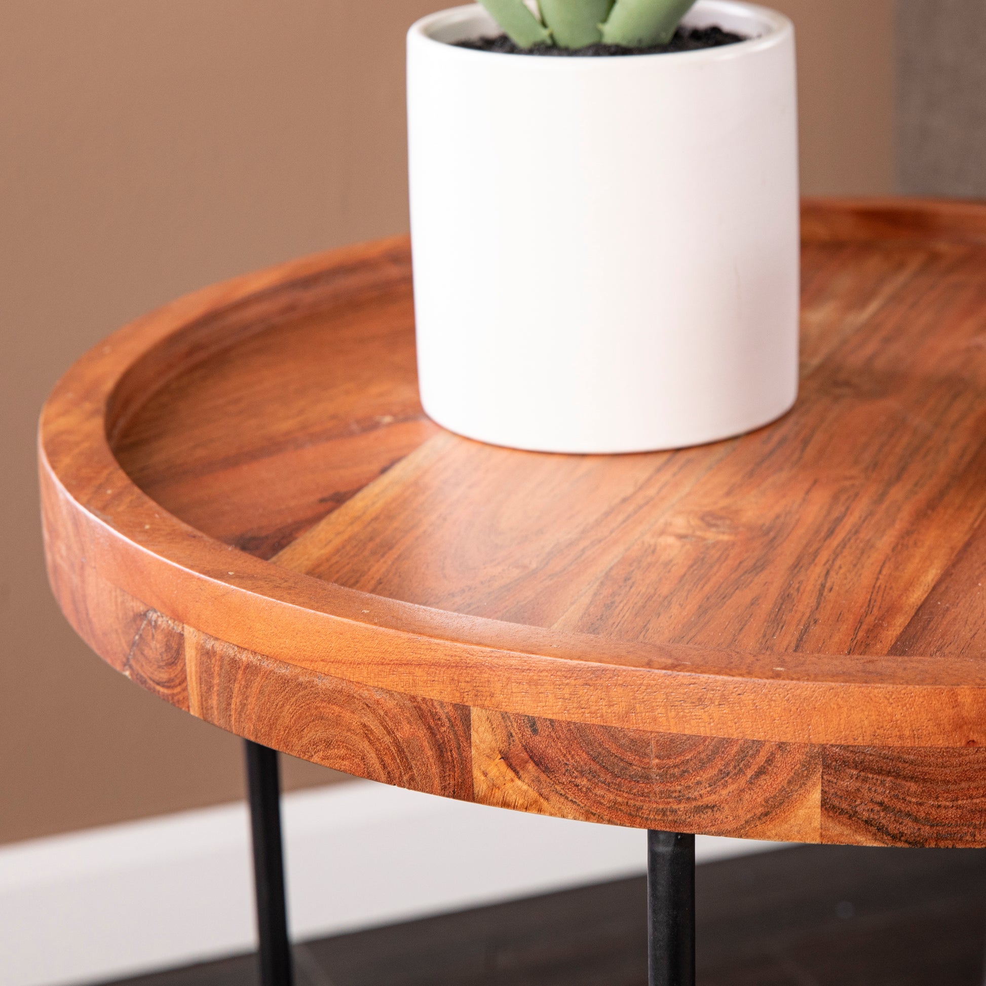 Round acacia wood side table with tray top and black metal legs
