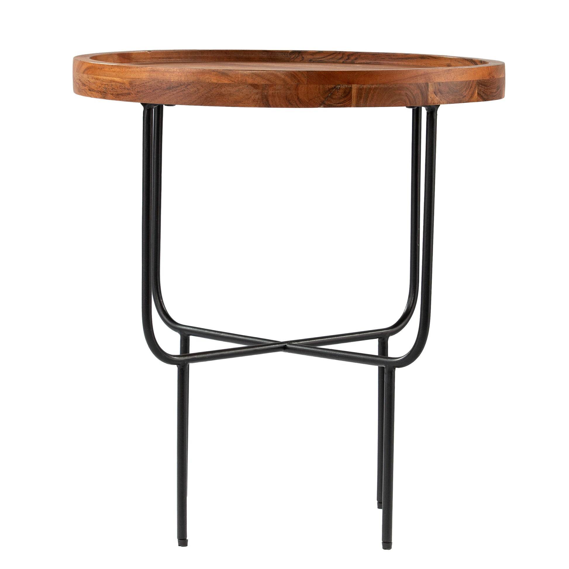 Round wooden end table with a live edge top and black metal hairpin legs