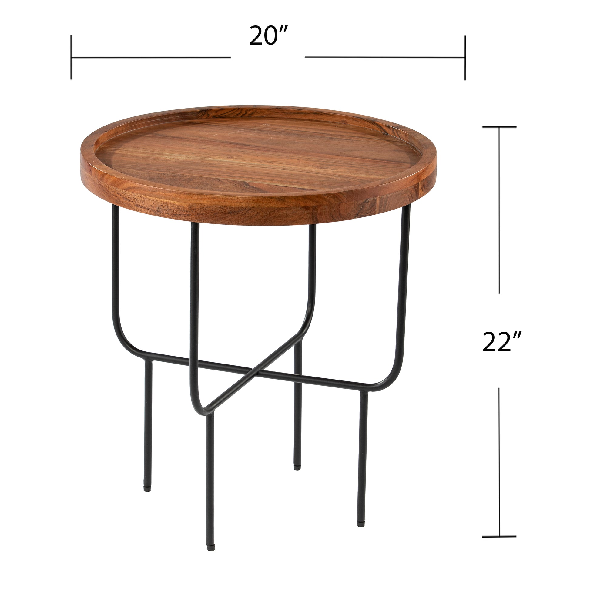Round acacia wood end table with black metal hairpin legs and rim