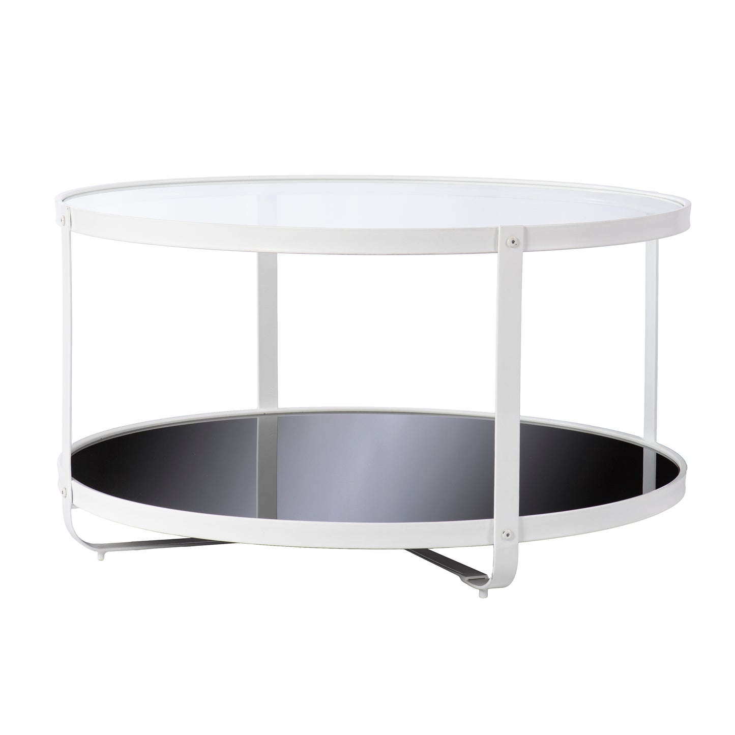 White round coffee table with glass top and mirrored lower shelf