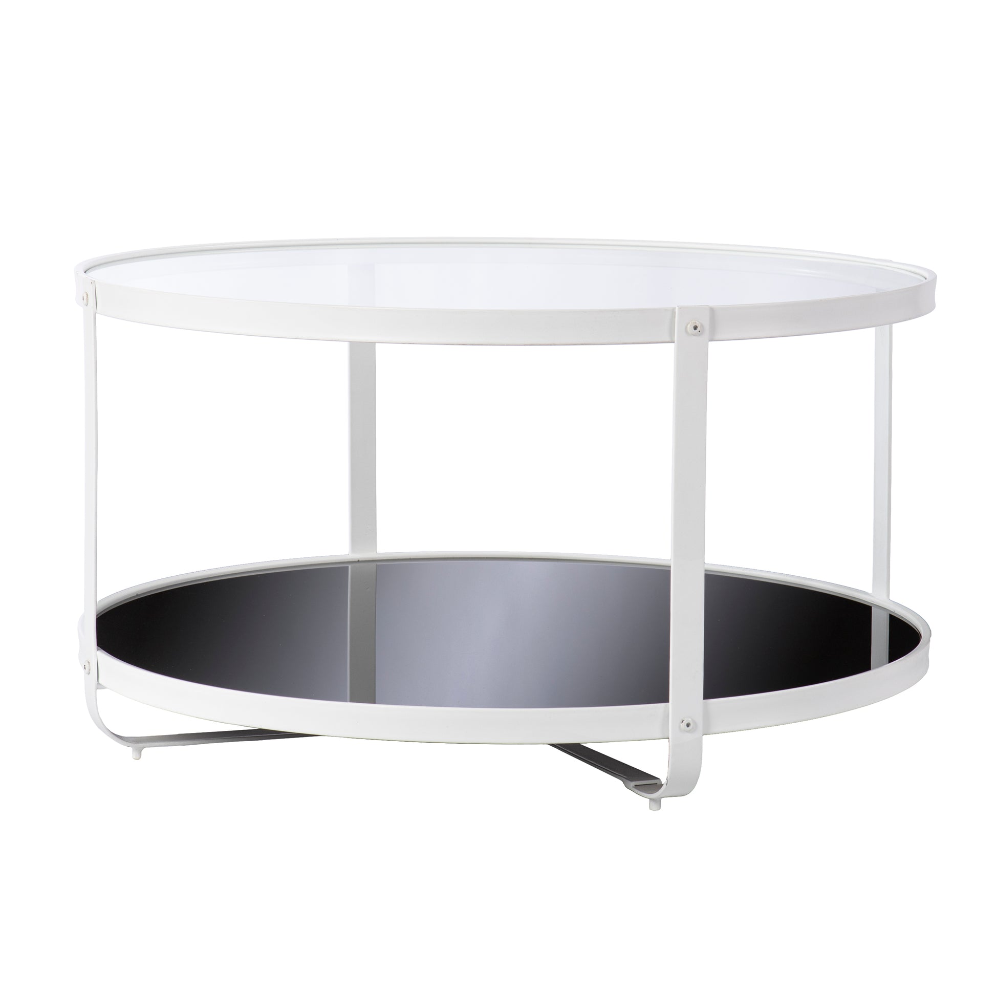 White round coffee table with glass top and mirrored lower shelf