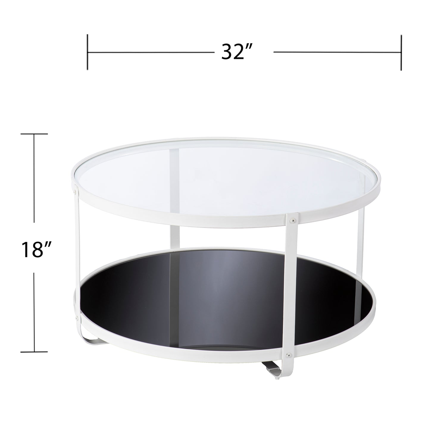 Round glass coffee table with white metal frame and black lower shelf