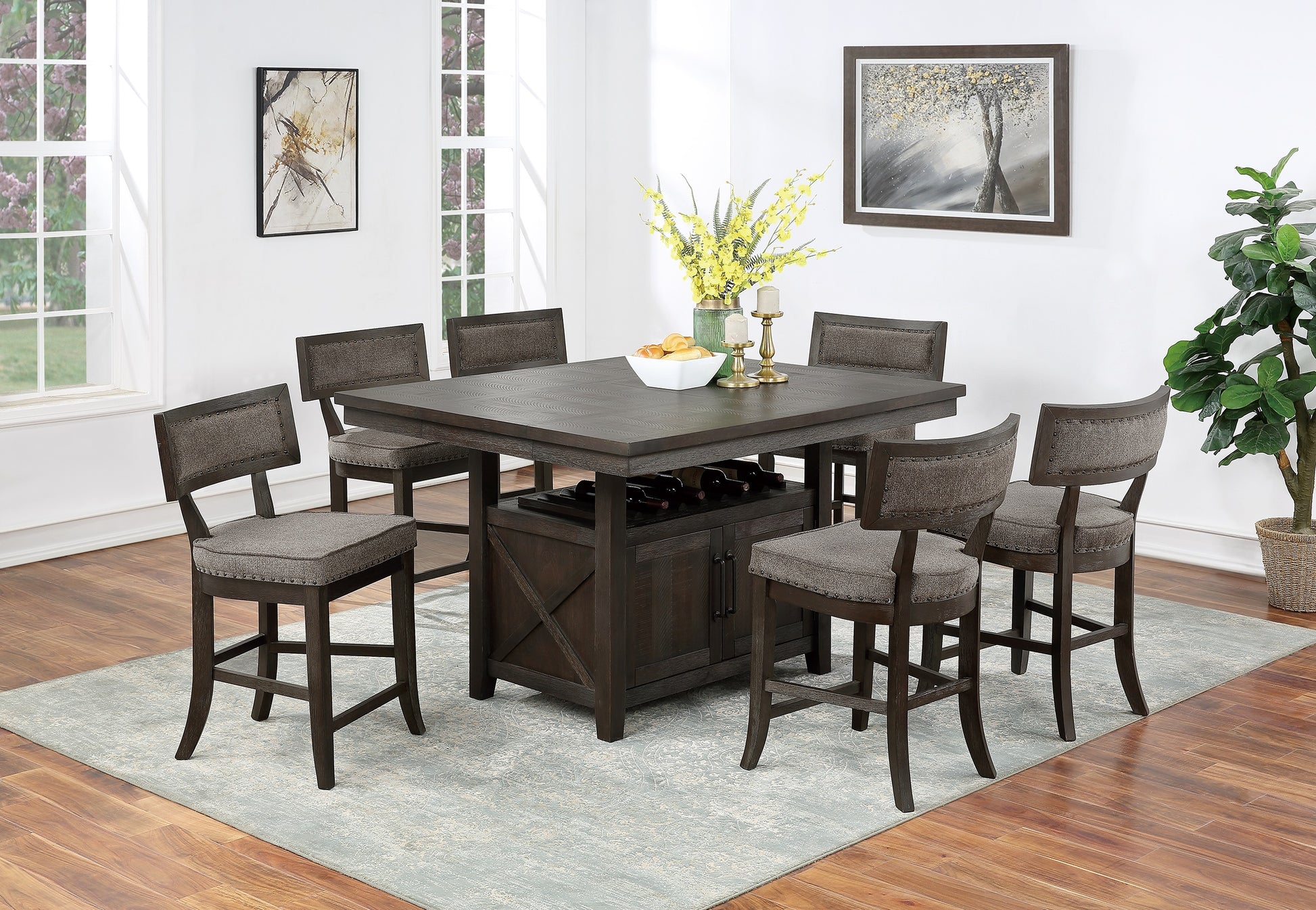 Dark wood counter height dining table with wine storage and six upholstered stools