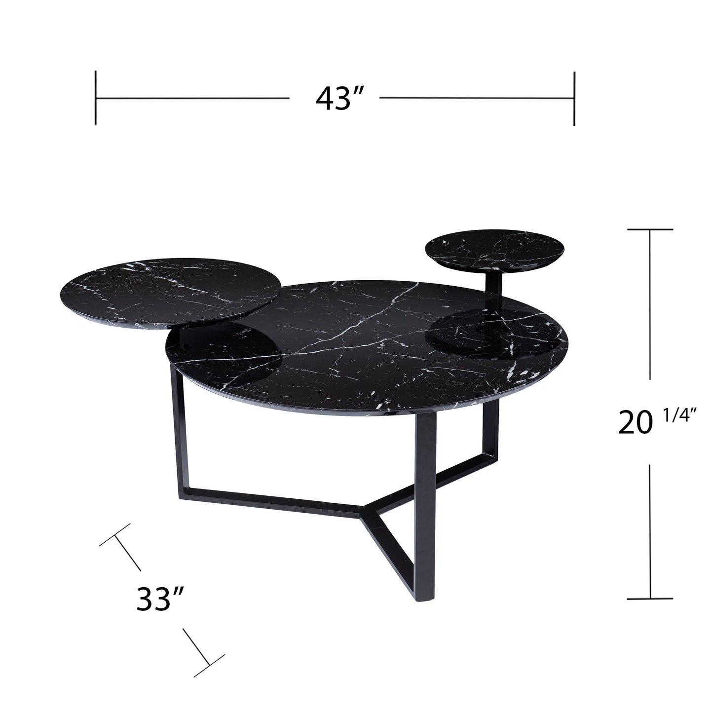 Black marble coffee table with a unique tiered design and modern black metal frame