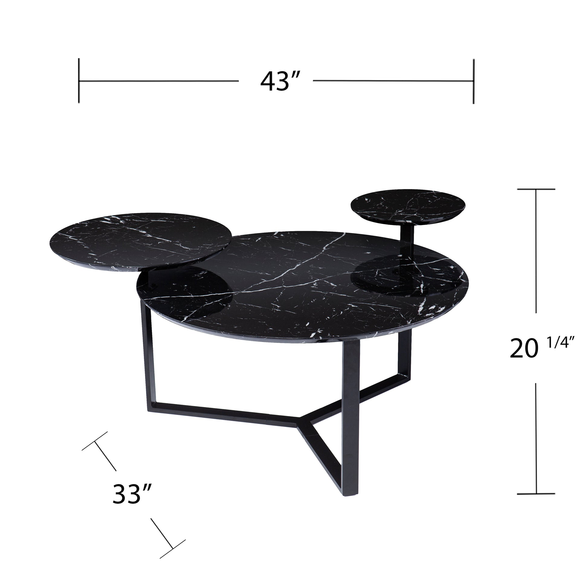 Black marble coffee table with a unique tiered design and modern black metal frame