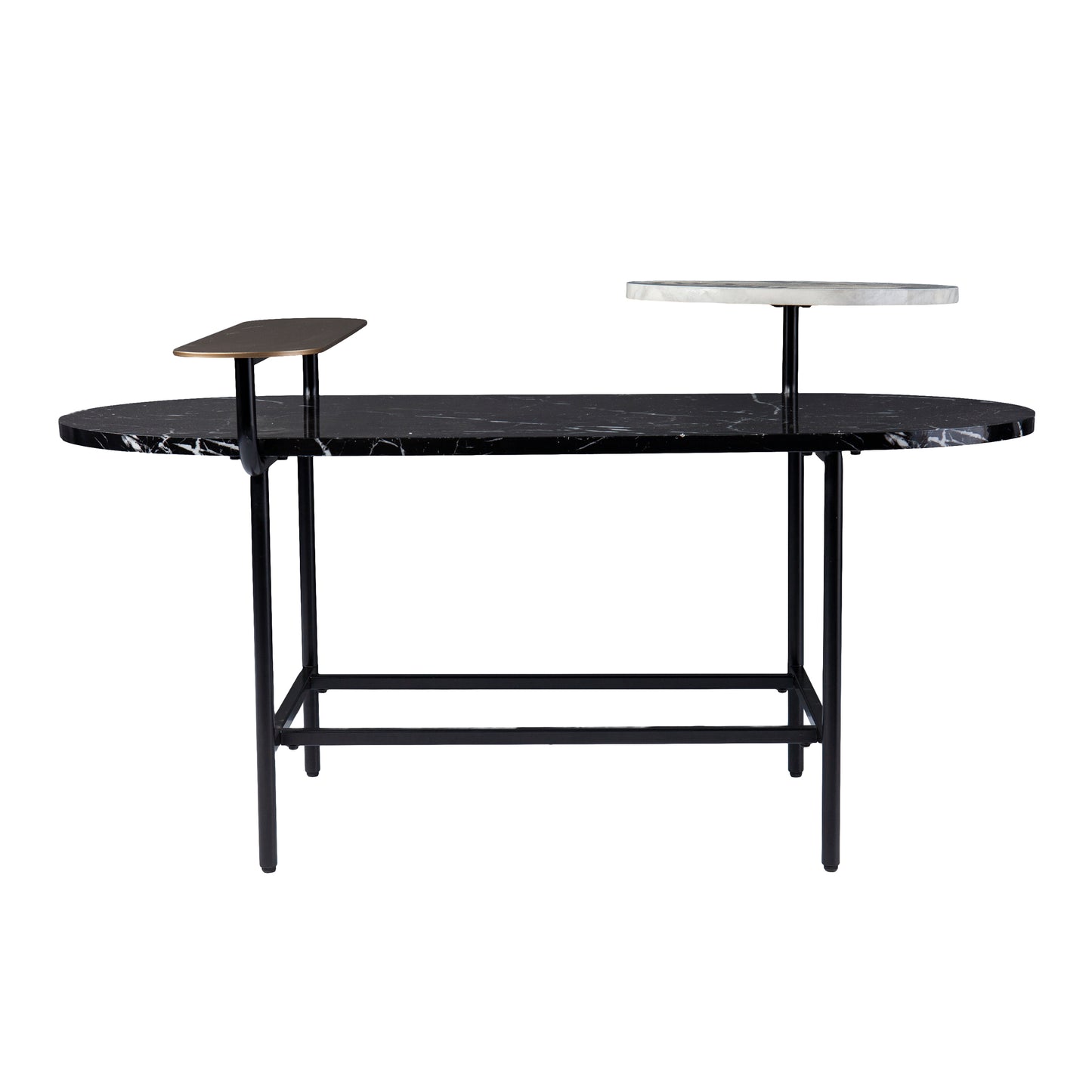 Black marble oval coffee table with elevated brass and white marble accents and black metal legs