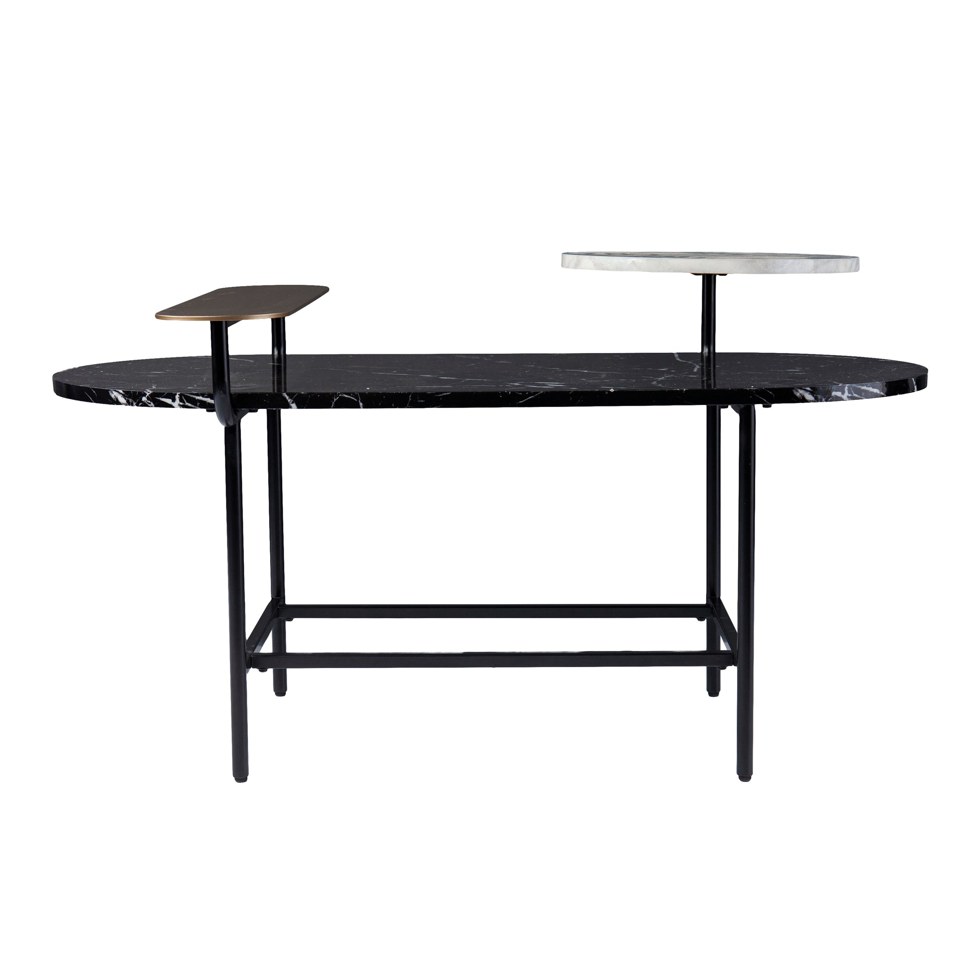 Black marble oval coffee table with elevated brass and white marble accents and black metal legs