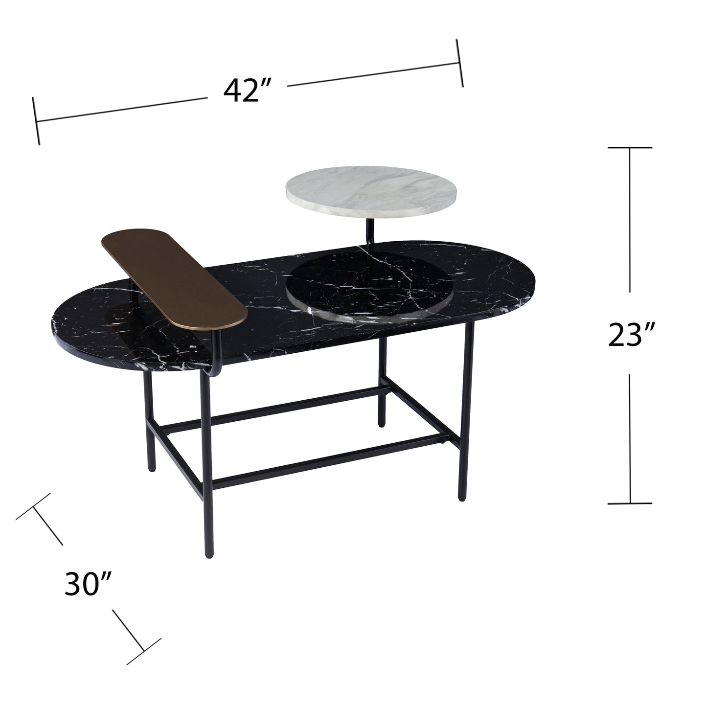 Modern oval coffee table with black marble top bronze accent shelf and metal base