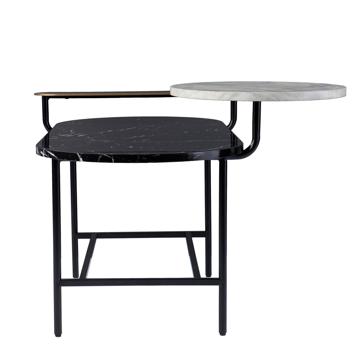 Modern black marble side table with a lighter marble round top for living rooms