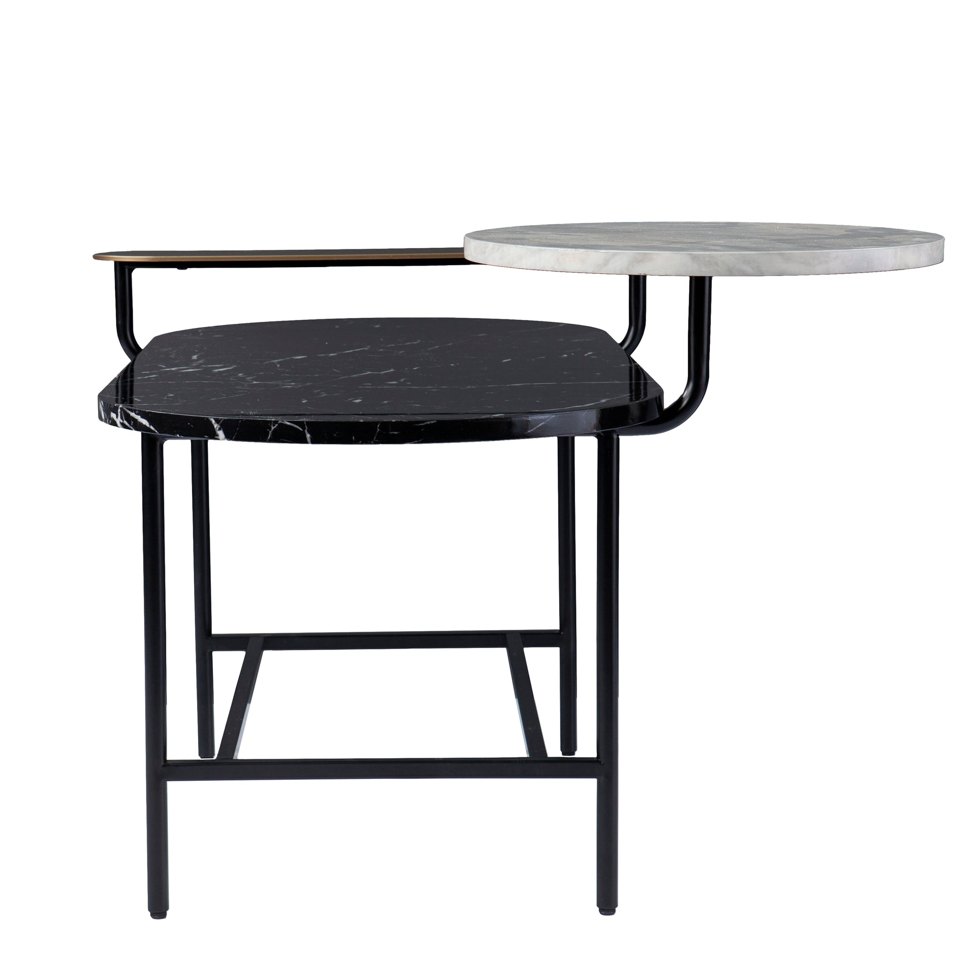 Modern black marble side table with a lighter marble round top for living rooms