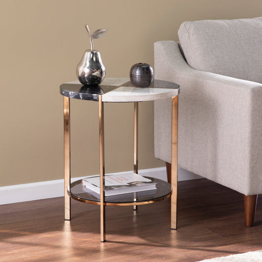 Round marble accent table with rose gold frame and glass shelf
